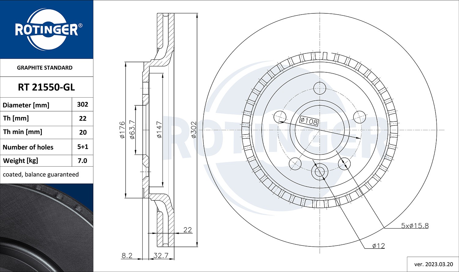 ROTINGER RT 21550-GL: Piduriketas GRAPHITE LINE Tagasild, Ø: 302mm, õhutusega, Ø: 302mm, tsingitud