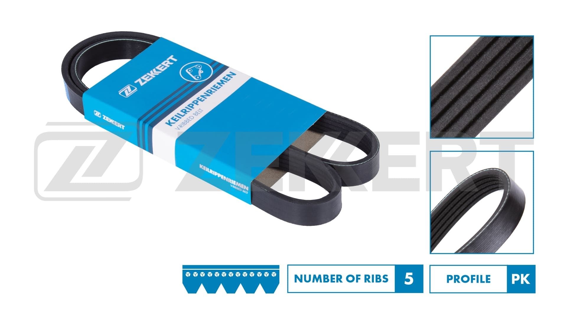 ZEKKERT KR-5PK884: V formos rumbuoti diržai 884mm, briaunų skaičius: 5