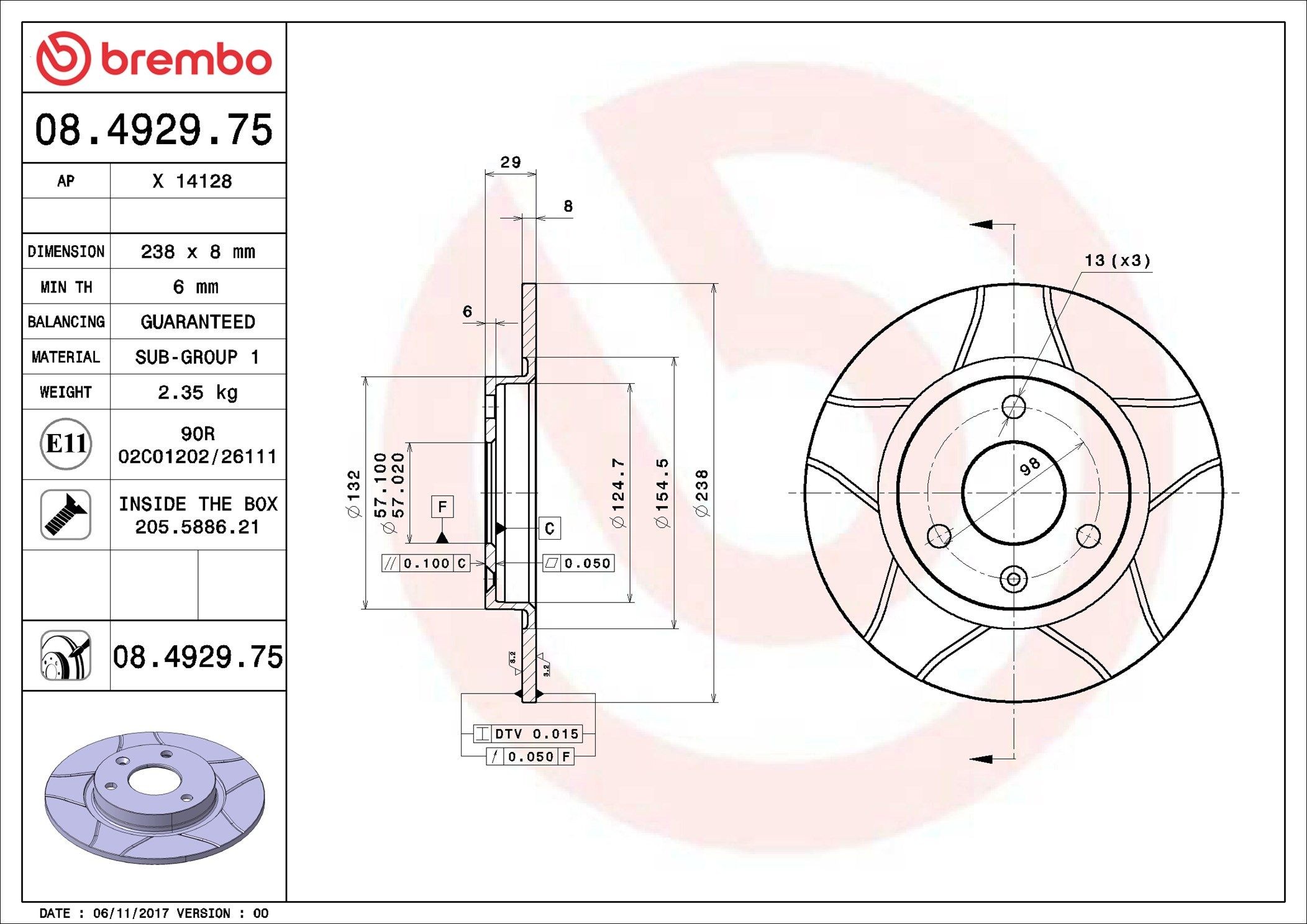 BREMBO 08.4929.75: Disc de frână Ř: 238mm, plin, canelat, Ř: 238mm, acoperit (cu un strat protector), cu suruburi MAX LINE