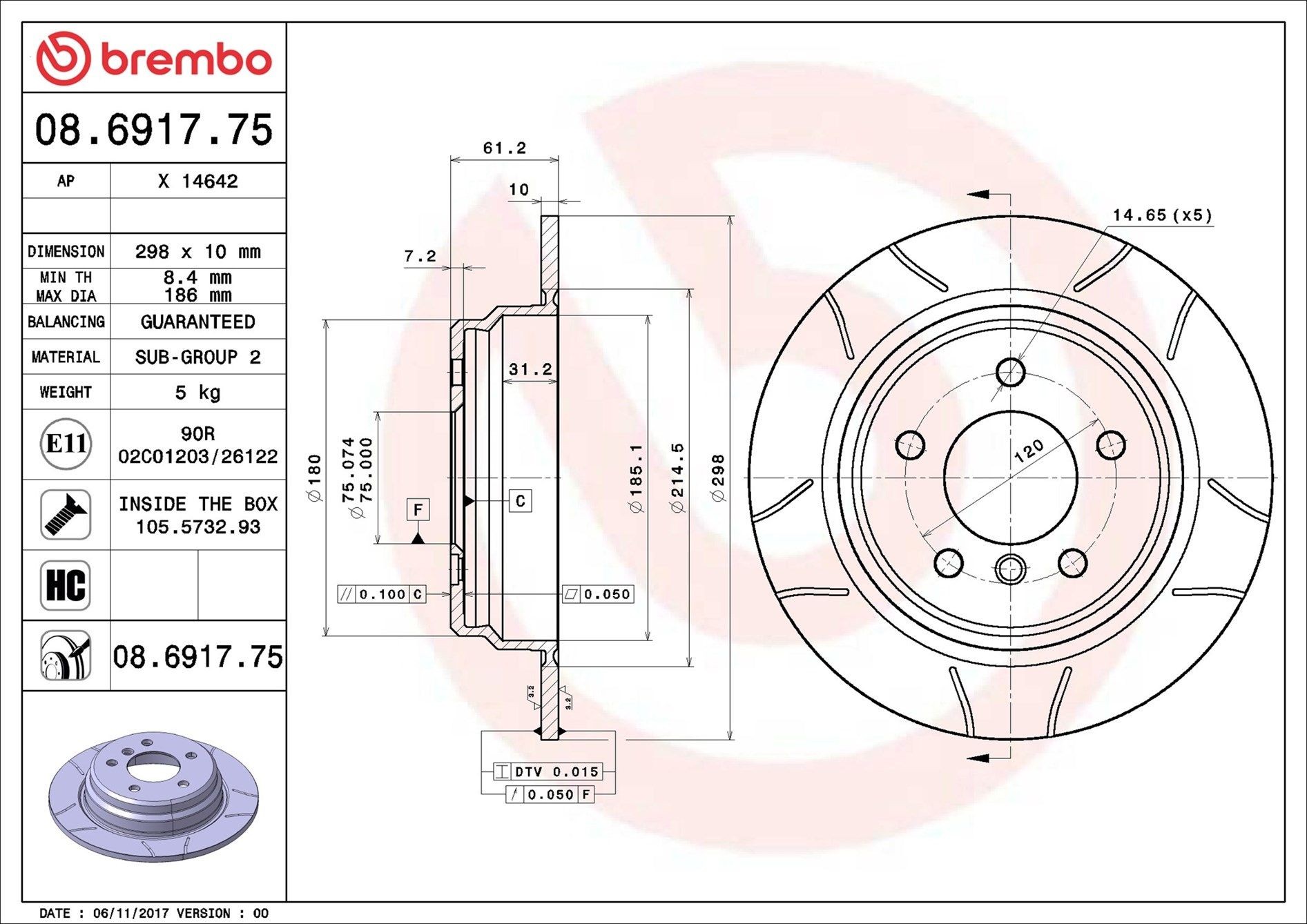 BREMBO 08.6917.75: Disc de frână Ř: 298mm, plin, canelat, Ř: 298mm, acoperit (cu un strat protector), cu suruburi MAX LINE