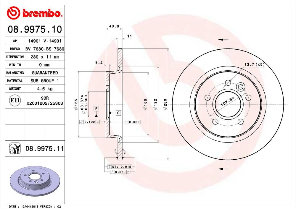 BREMBO 08.9975.10: Piduriketas PRIME LINE Ø: 280mm, täis, Ø: 280mm