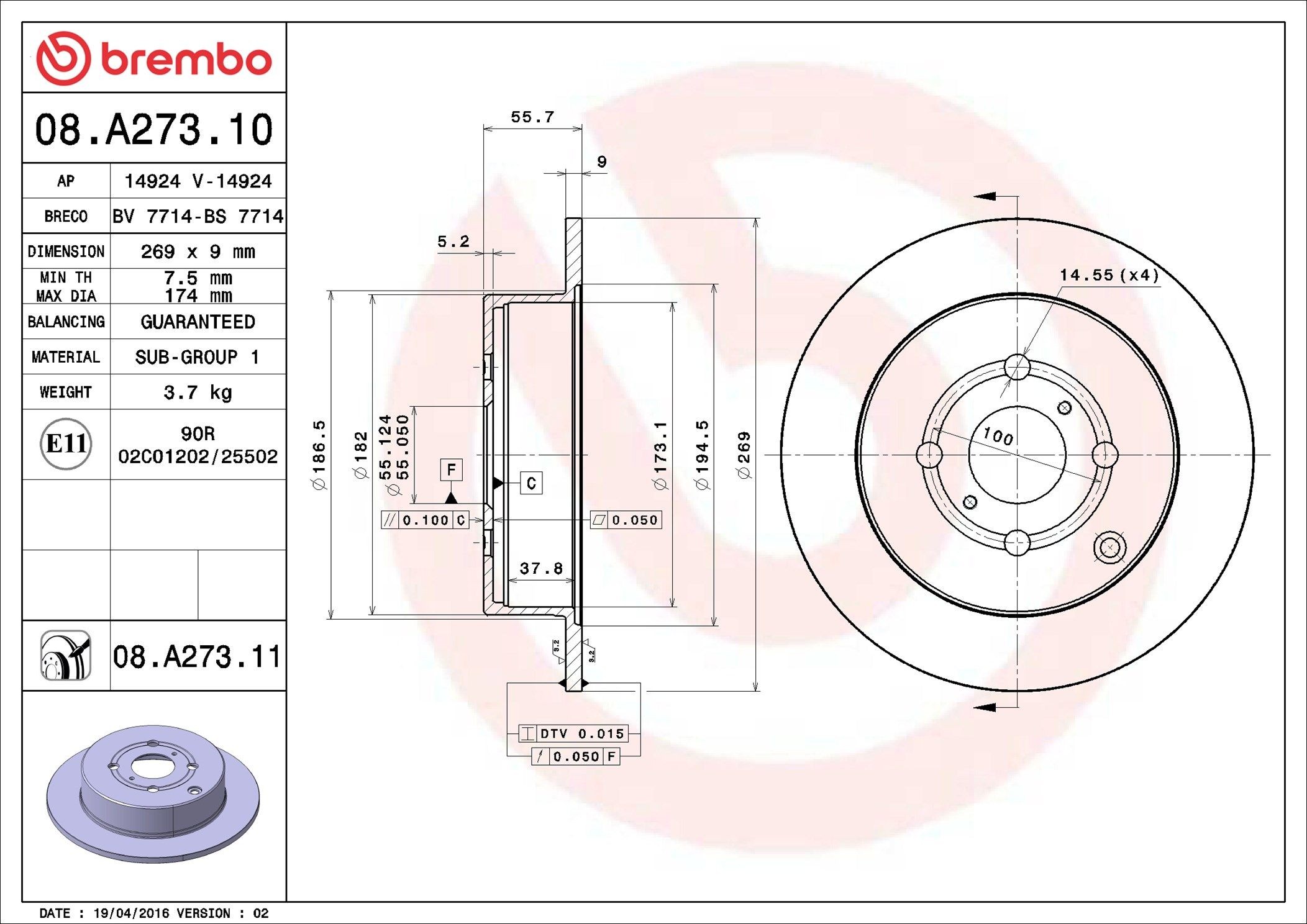 BREMBO 08.A273.10: Piduriketas PRIME LINE Ø: 269mm, täis, Ø: 269mm