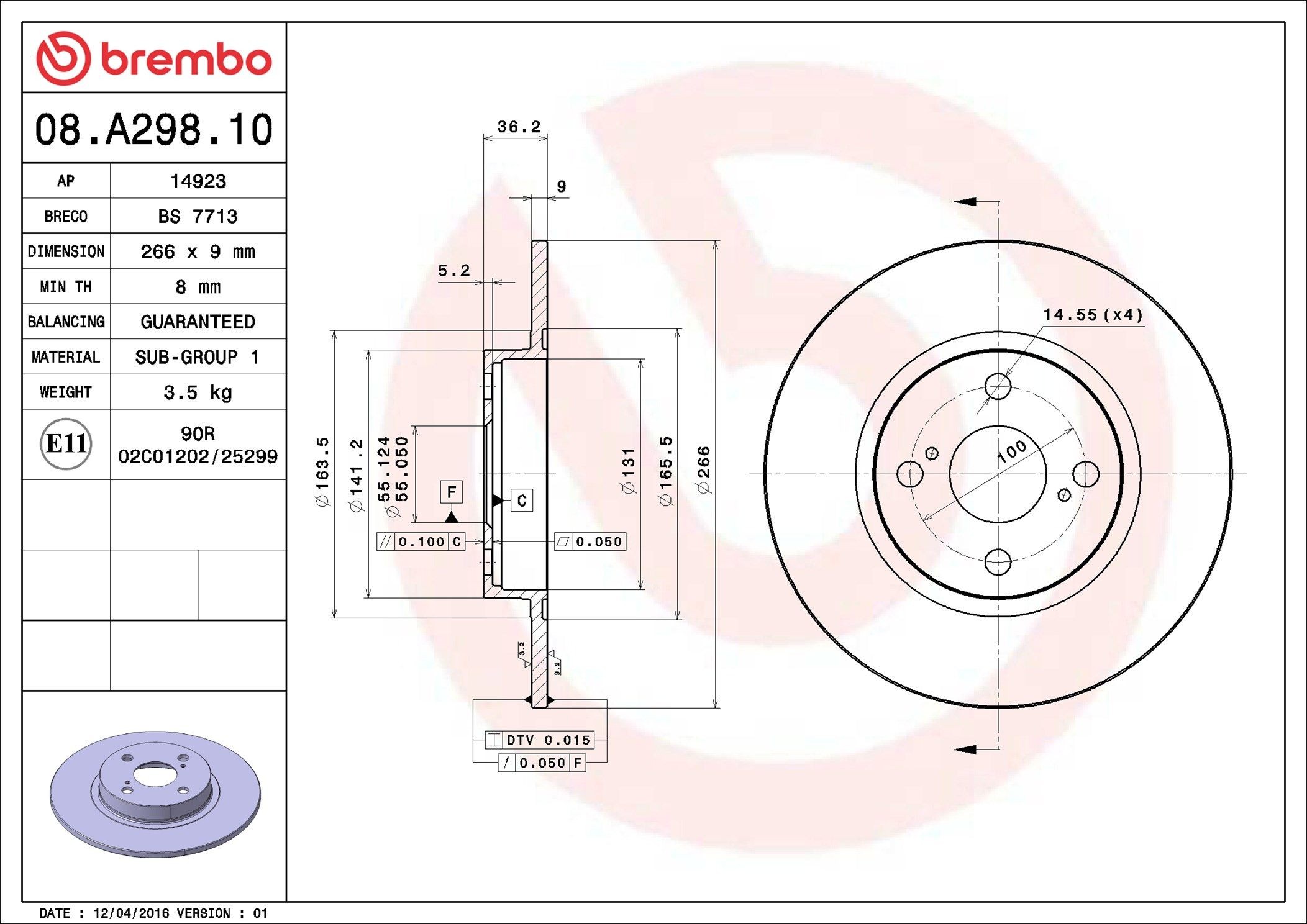 BREMBO 08.A298.10: Piduriketas PRIME LINE Ø: 266mm, täis, Ø: 266mm