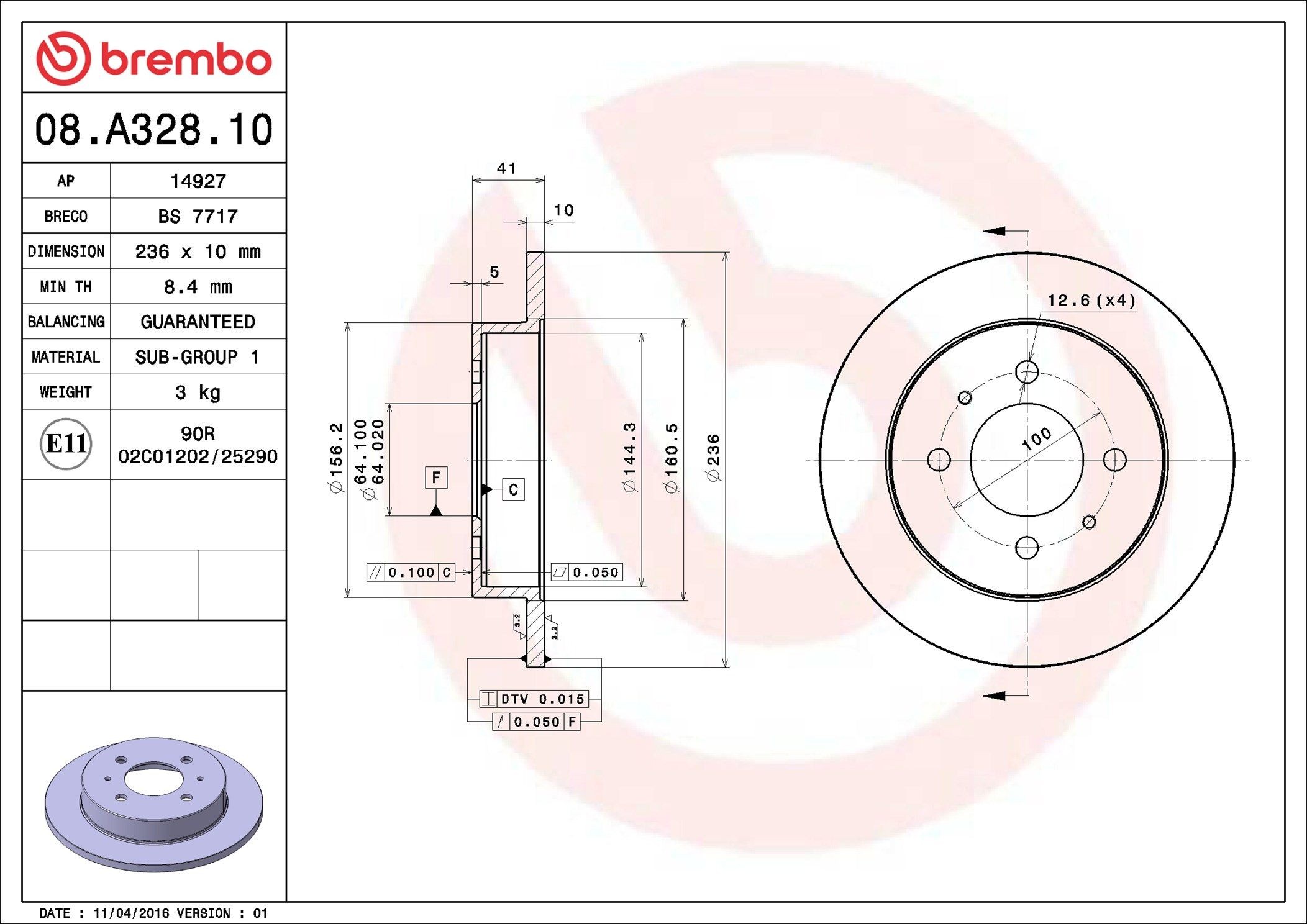 BREMBO 08.A328.10: Disc de frână PRIME LINE Ř: 236mm, plin, Ř: 236mm