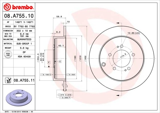 BREMBO 08.A755.10: Piduriketas PRIME LINE Ø: 302mm, täis, Ø: 302mm