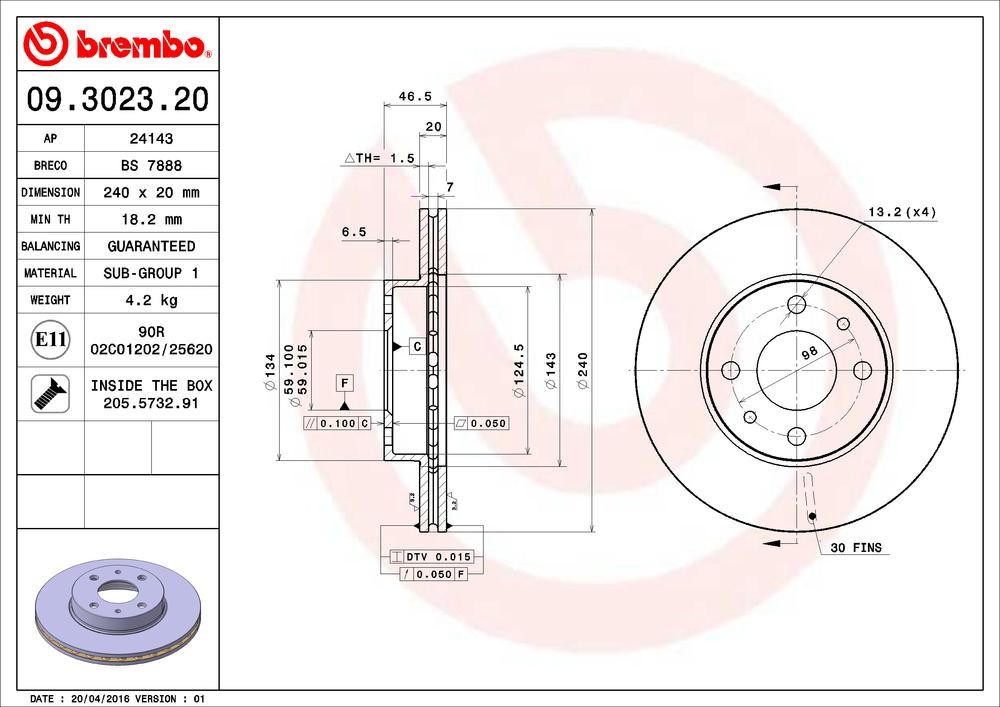BREMBO 09.3023.20: Piduriketas PRIME LINE Ø: 240mm, sisemine õhutus, Ø: 240mm, koos kruvidega