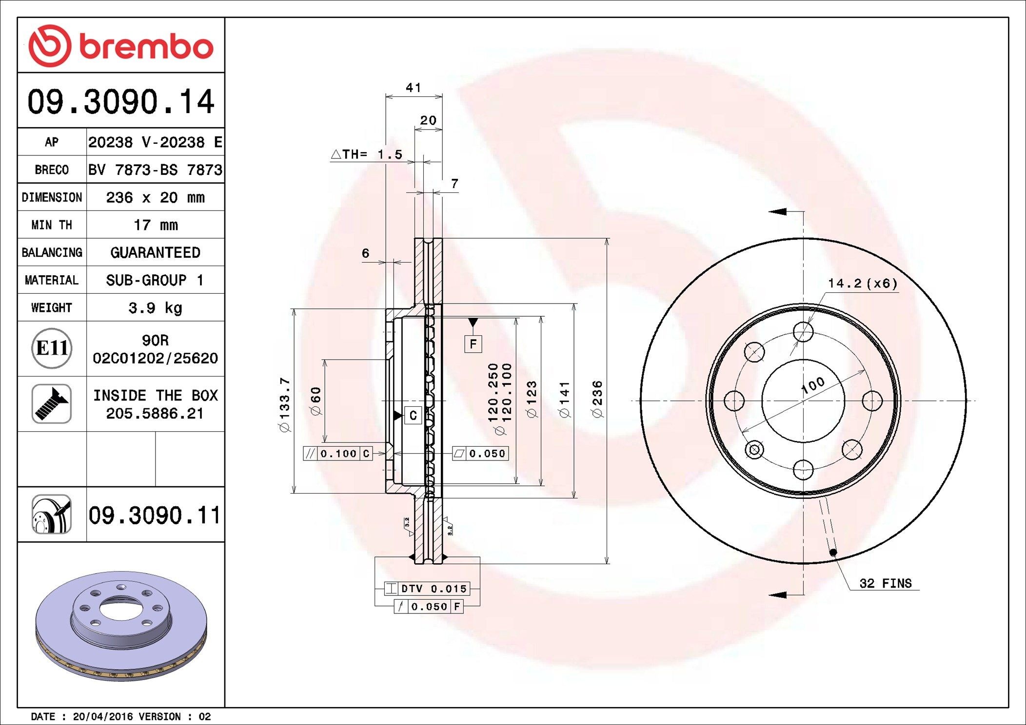 BREMBO 09.3090.14: Piduriketas PRIME LINE Ø: 236mm, sisemine õhutus, Ø: 236mm, koos kruvidega
