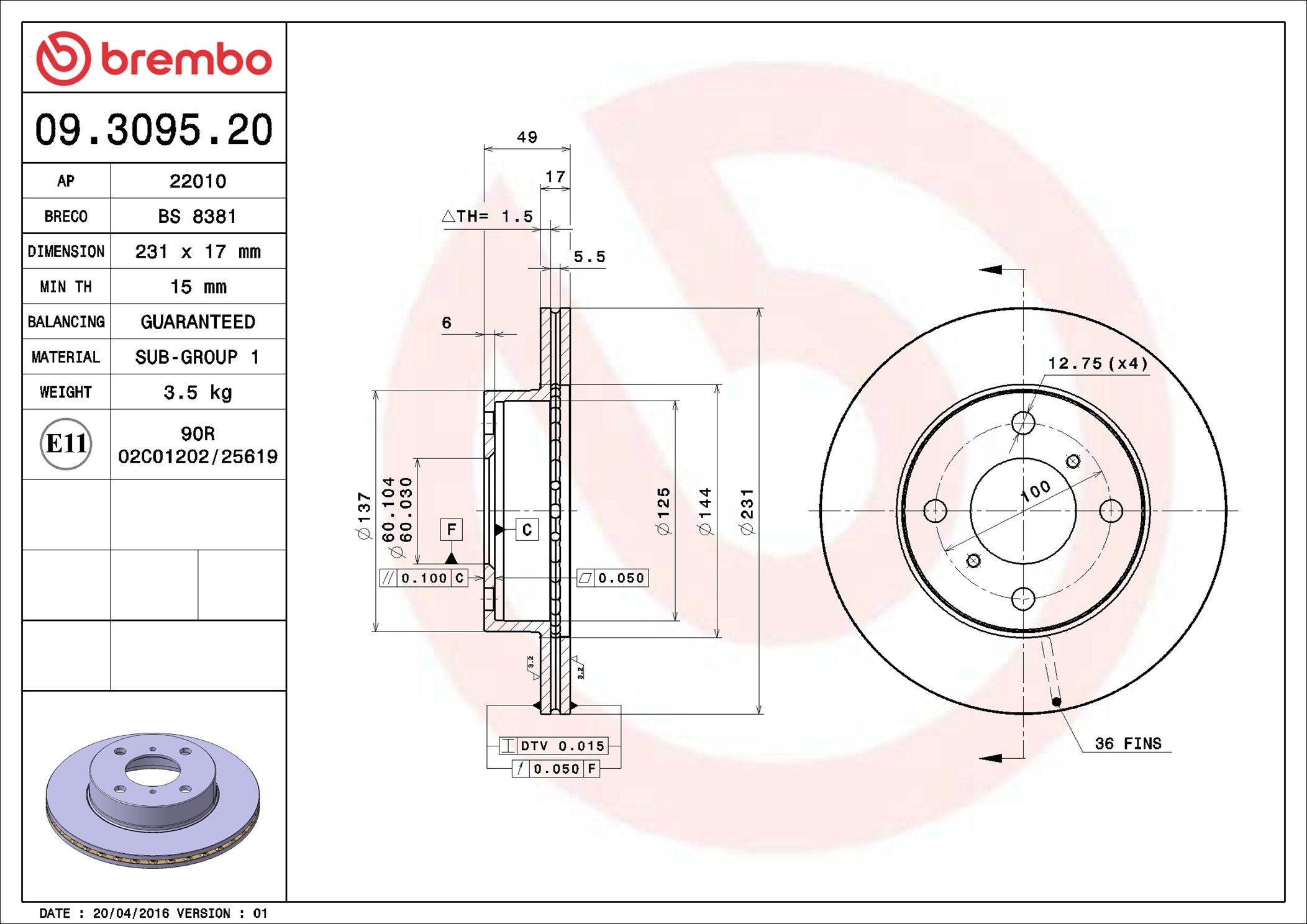 BREMBO 09.3095.20: Piduriketas PRIME LINE Ø: 231mm, sisemine õhutus, Ø: 231mm