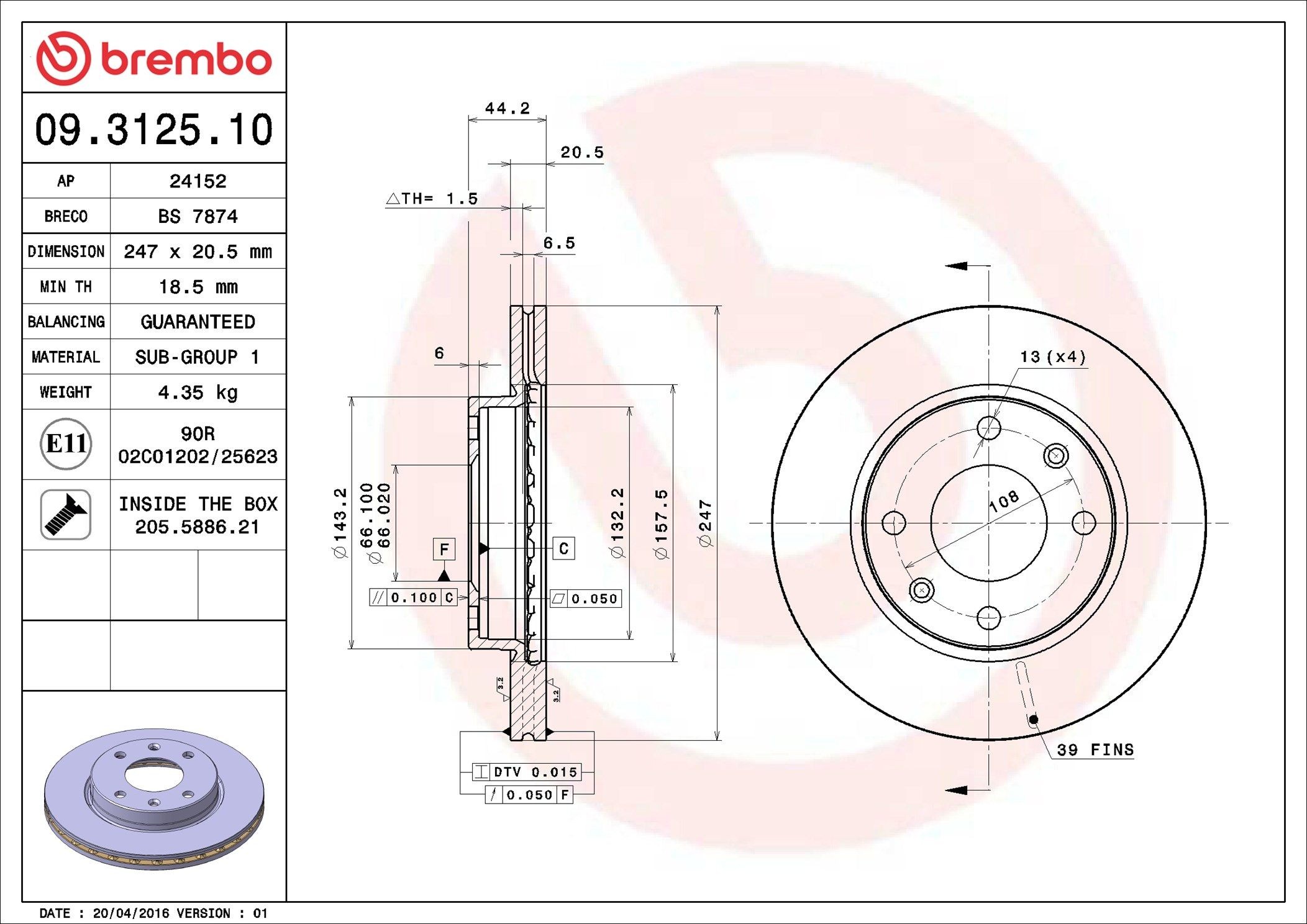 BREMBO 09.3125.10: Piduriketas PRIME LINE Ø: 247mm, sisemine õhutus, Ø: 247mm, koos kruvidega