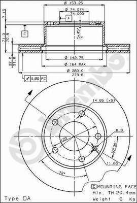 BREMBO 09.3949.10: Disc de frână PRIME LINE Ř: 280mm, ventilat interior, Ř: 280mm, cu suruburi