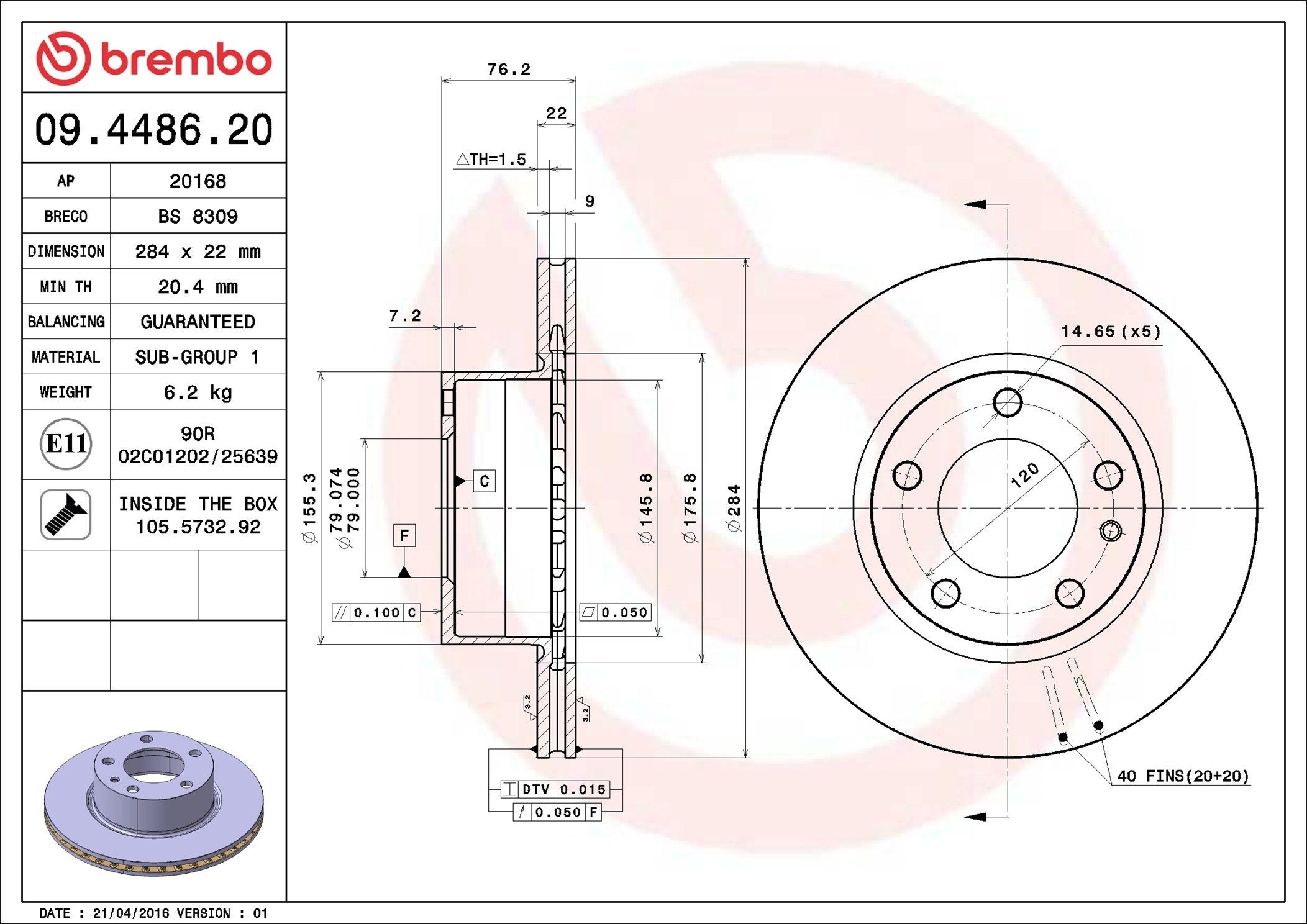 BREMBO 09.4486.20: Piduriketas PRIME LINE Ø: 284mm, sisemine õhutus, Ø: 284mm, koos kruvidega