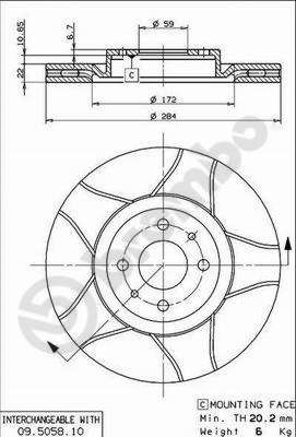 BREMBO 09.5058.75: Piduriketas Ø: 284mm, sisemine õhutus, piludega, Ø: 284mm, kaetud, koos kruvidega MAX LINE