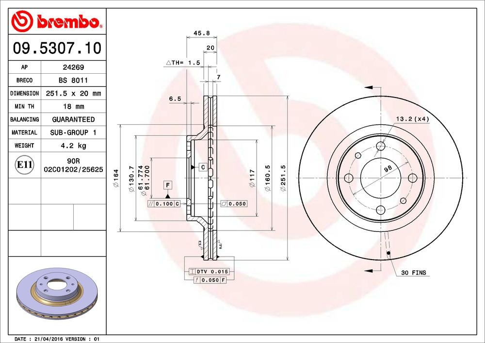 BREMBO 09.5307.10: Piduriketas PRIME LINE Ø: 251mm, sisemine õhutus, Ø: 251mm