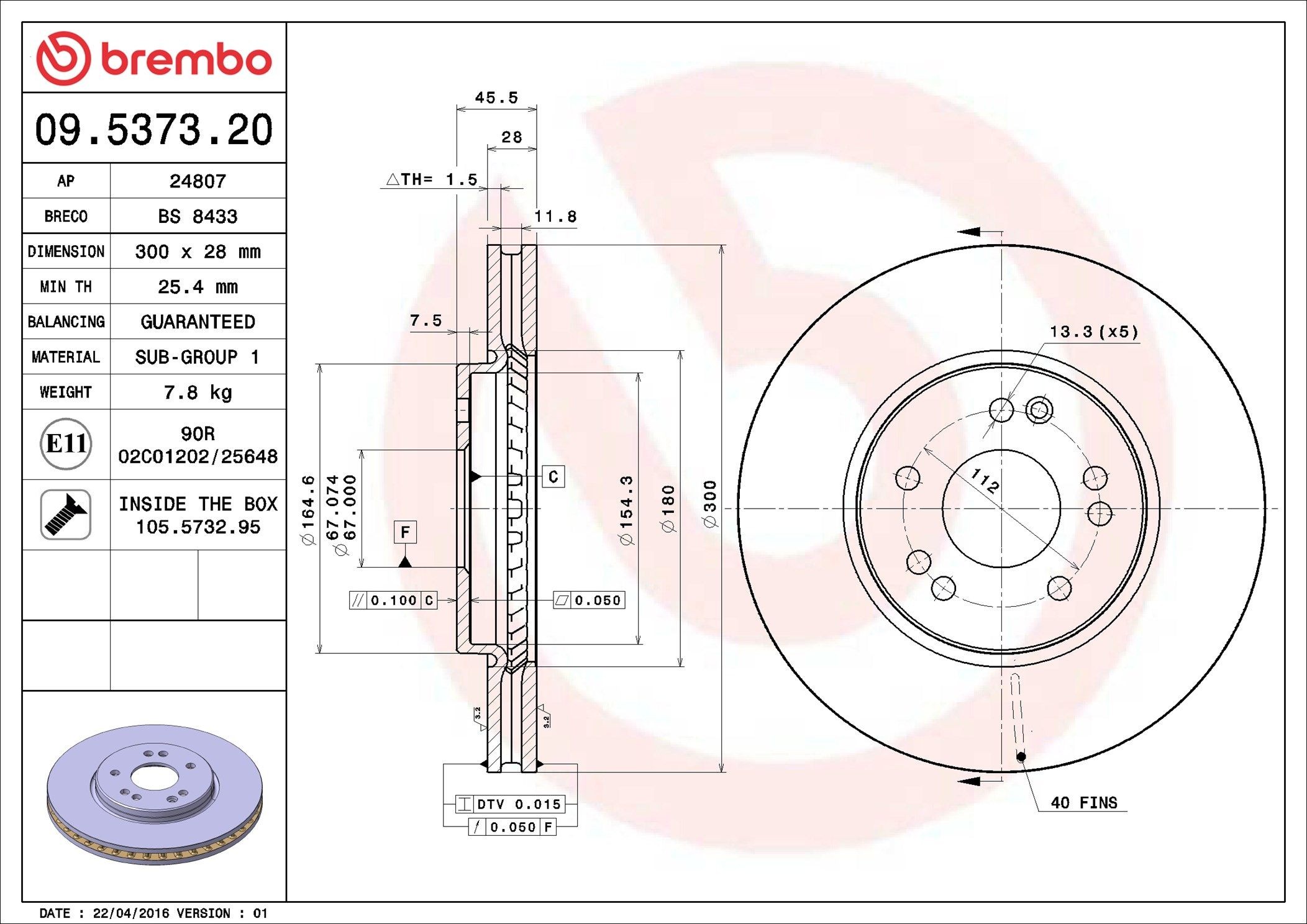 BREMBO 09.5373.20: Disc de frână PRIME LINE Ř: 300mm, ventilat interior, Ř: 300mm, cu suruburi