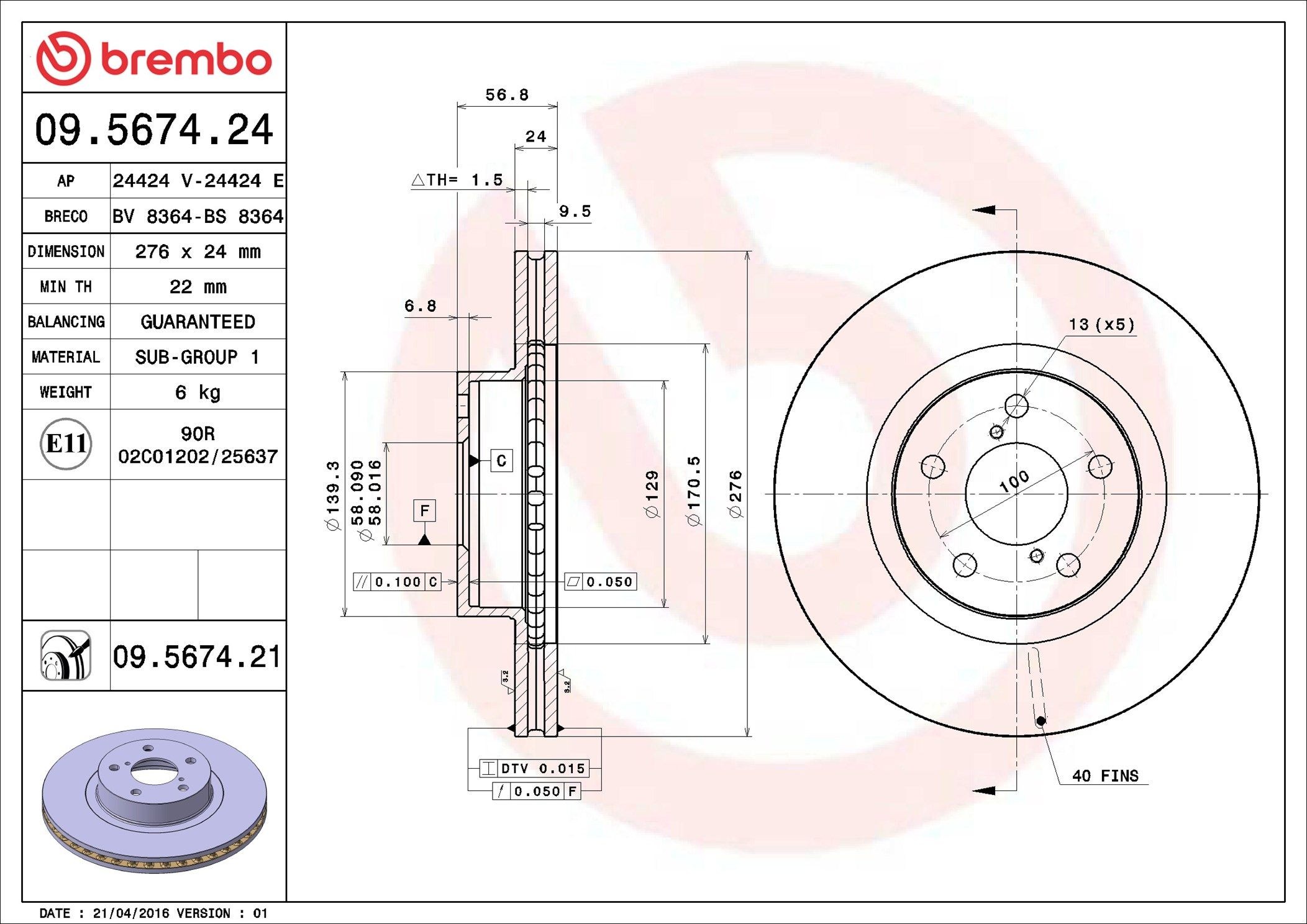 BREMBO 09.5674.24: Disc de frână PRIME LINE Ř: 276mm, ventilat interior, Ř: 276mm