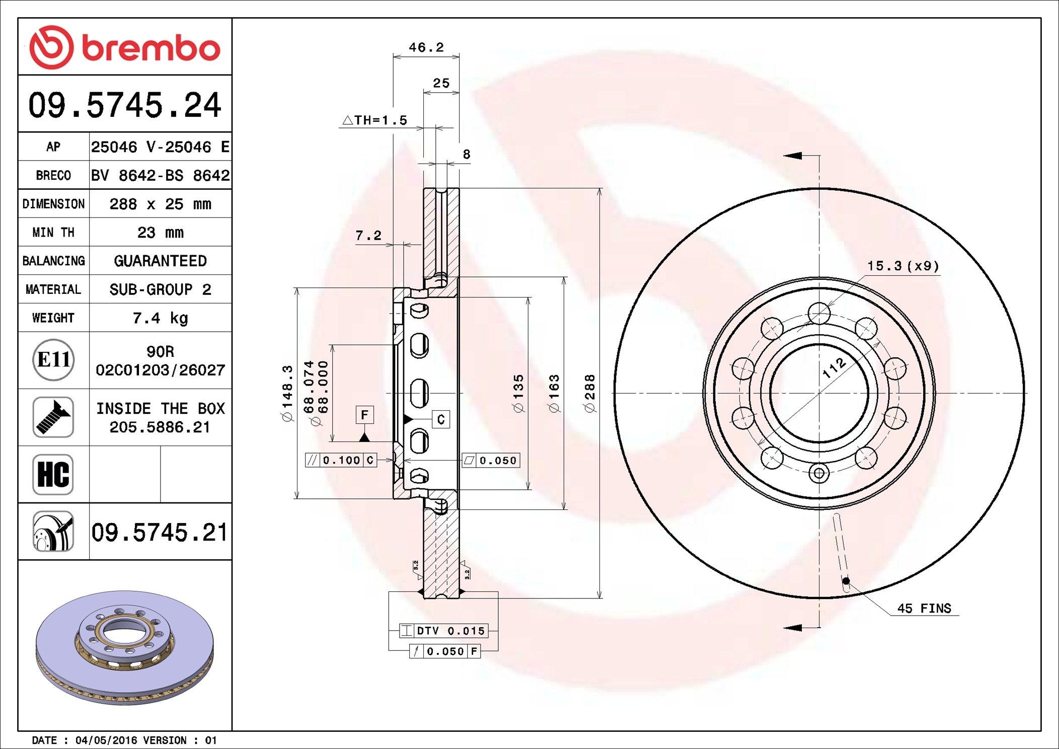 BREMBO 09.5745.24: Piduriketas PRIME LINE Ø: 288mm, sisemine õhutus, Ø: 288mm, koos kruvidega