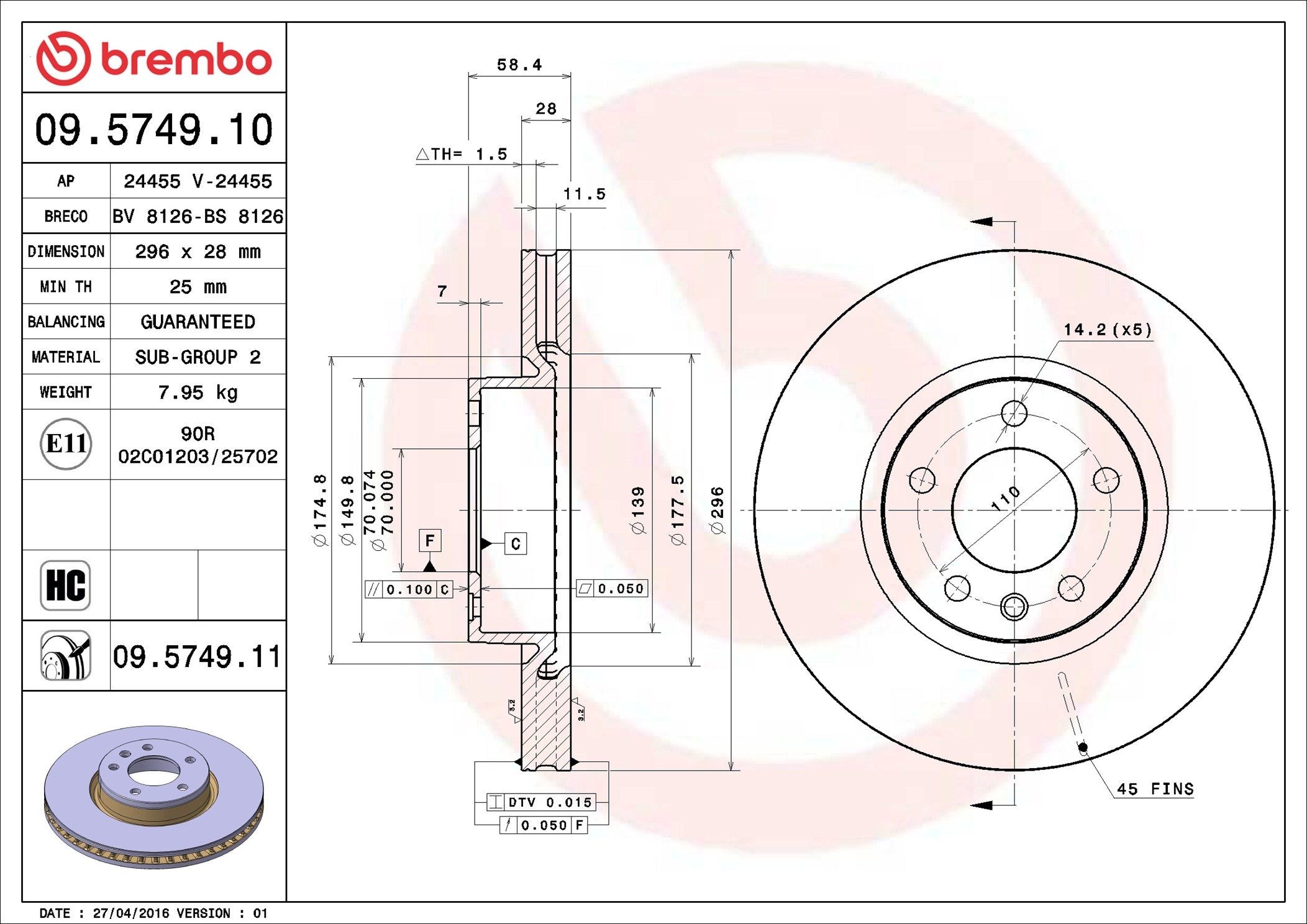 BREMBO 09.5749.10: Piduriketas PRIME LINE Ø: 296mm, sisemine õhutus, Ø: 296mm