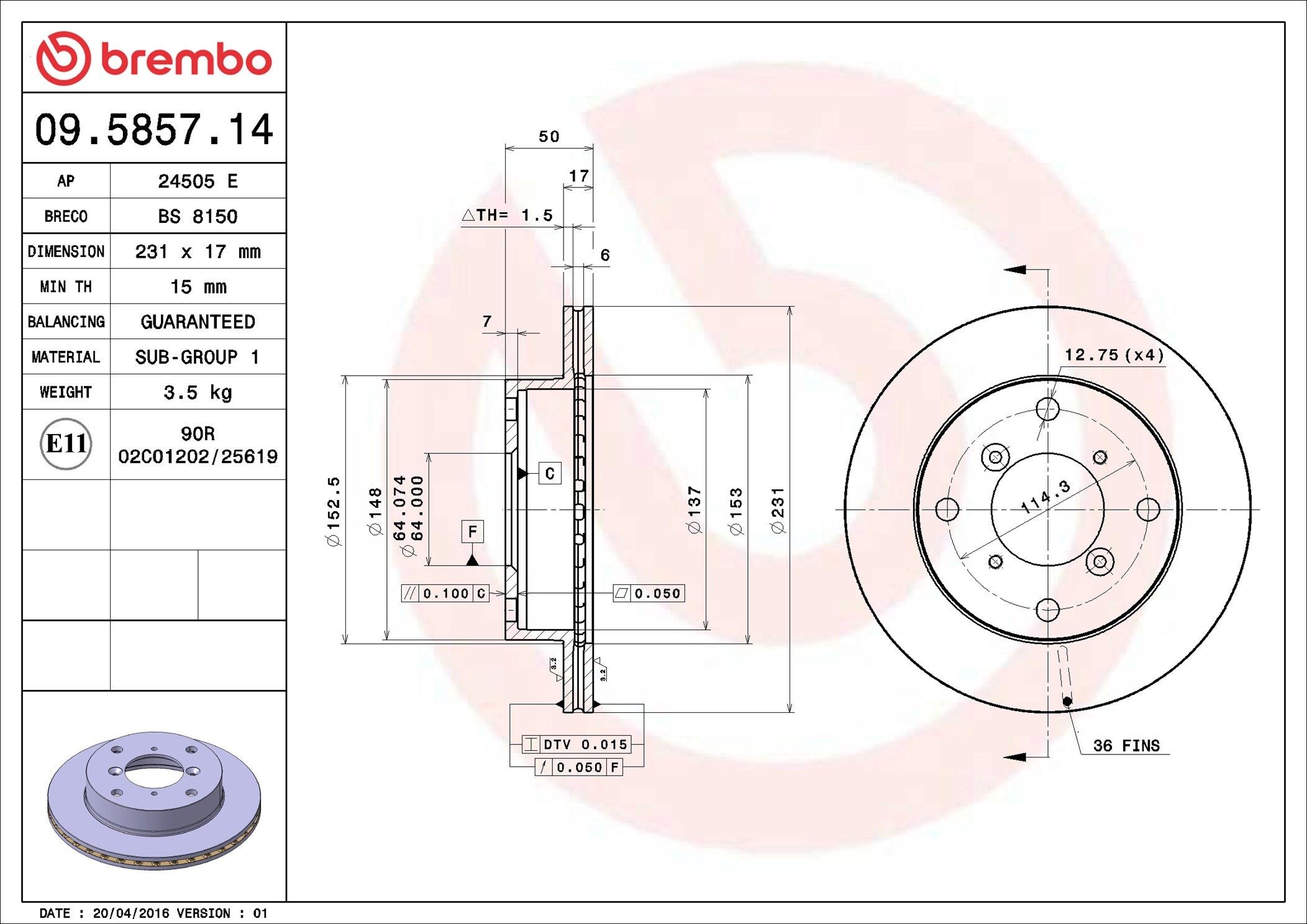 BREMBO 09.5857.14: Piduriketas PRIME LINE Ø: 231mm, sisemine õhutus, Ø: 231mm