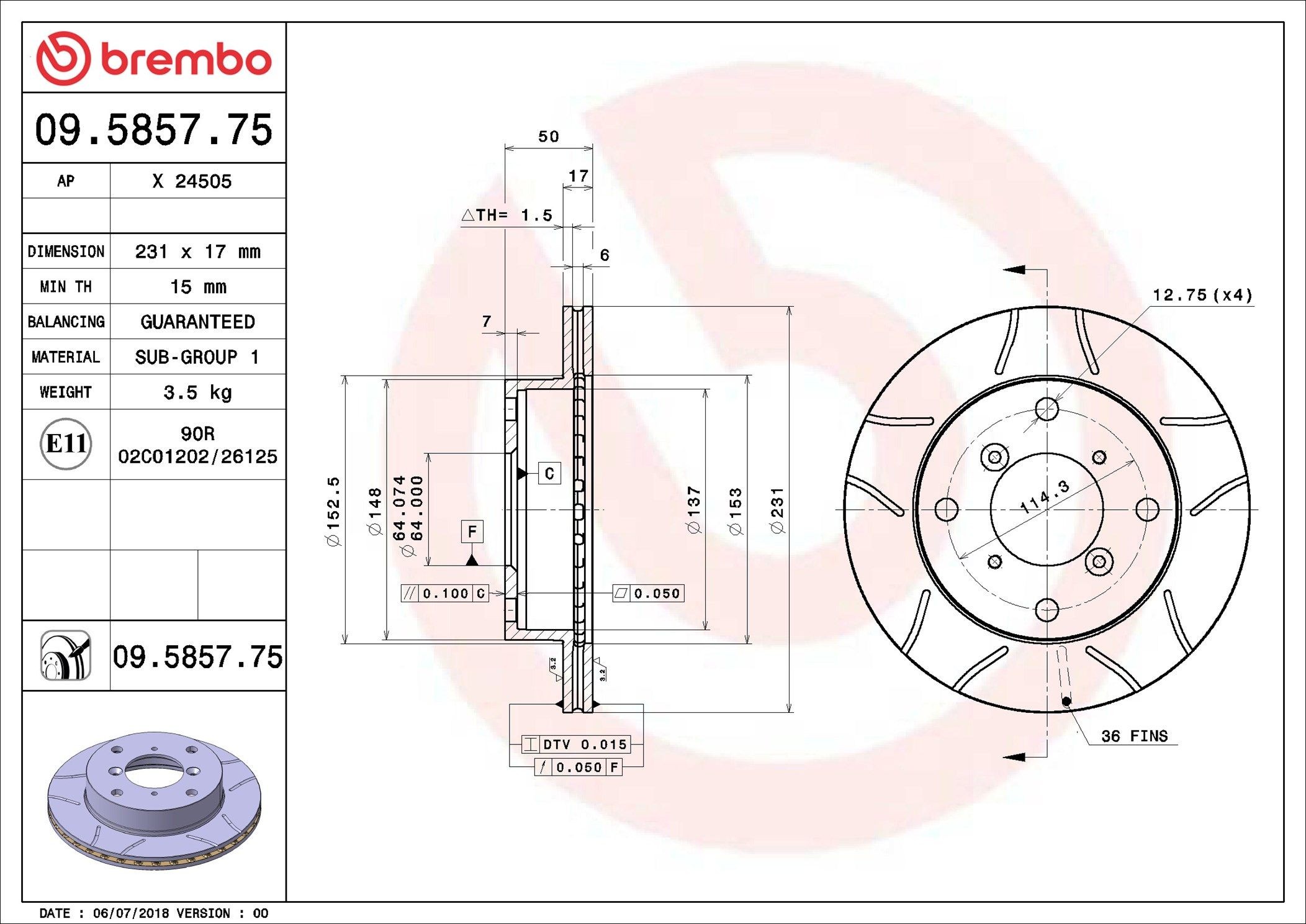 BREMBO 09.5857.75: Piduriketas Ø: 231mm, sisemine õhutus, piludega, Ø: 231mm, kaetud MAX LINE