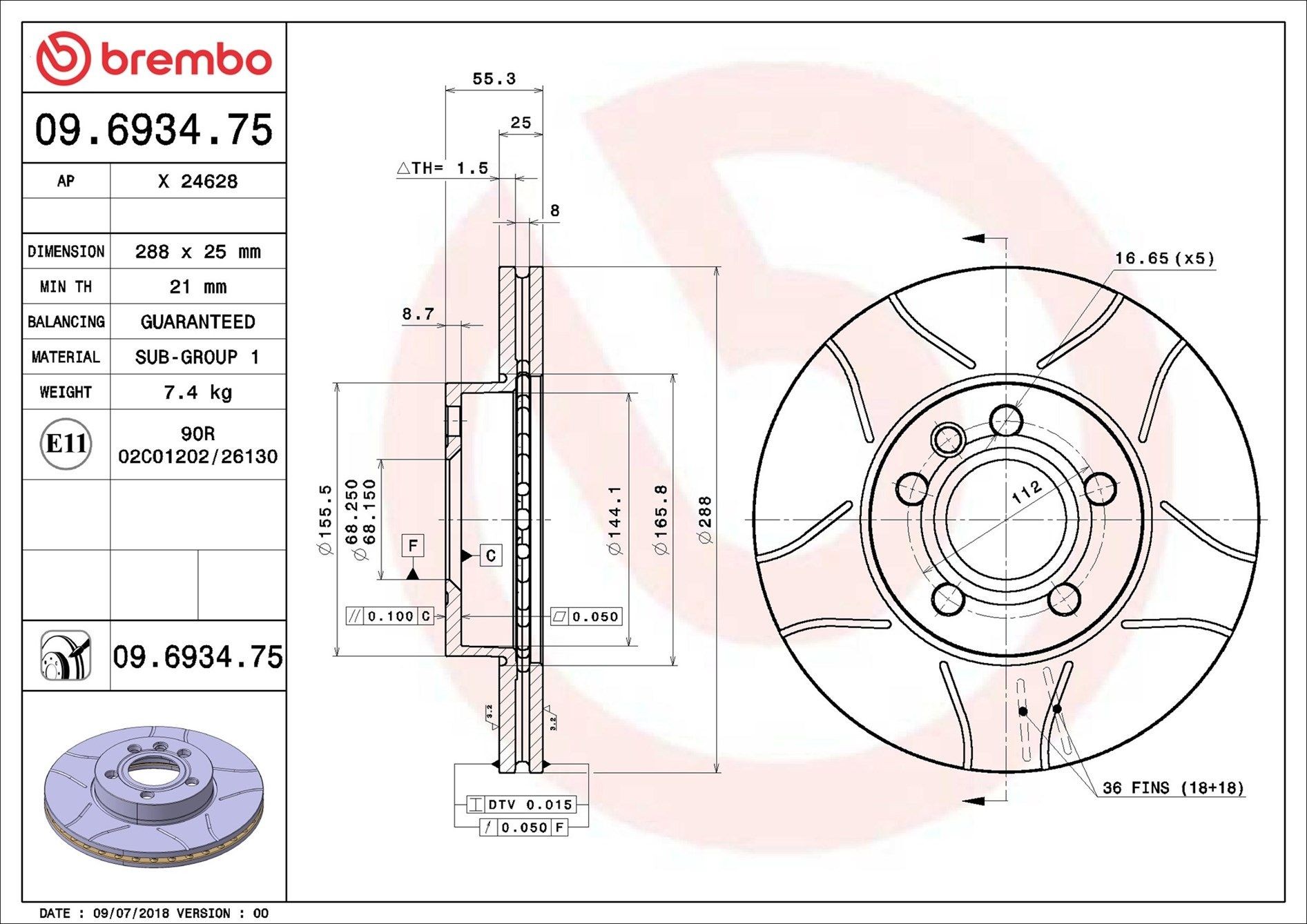 BREMBO 09.6934.75: Piduriketas Ø: 288mm, sisemine õhutus, piludega, Ø: 288mm, kaetud MAX LINE