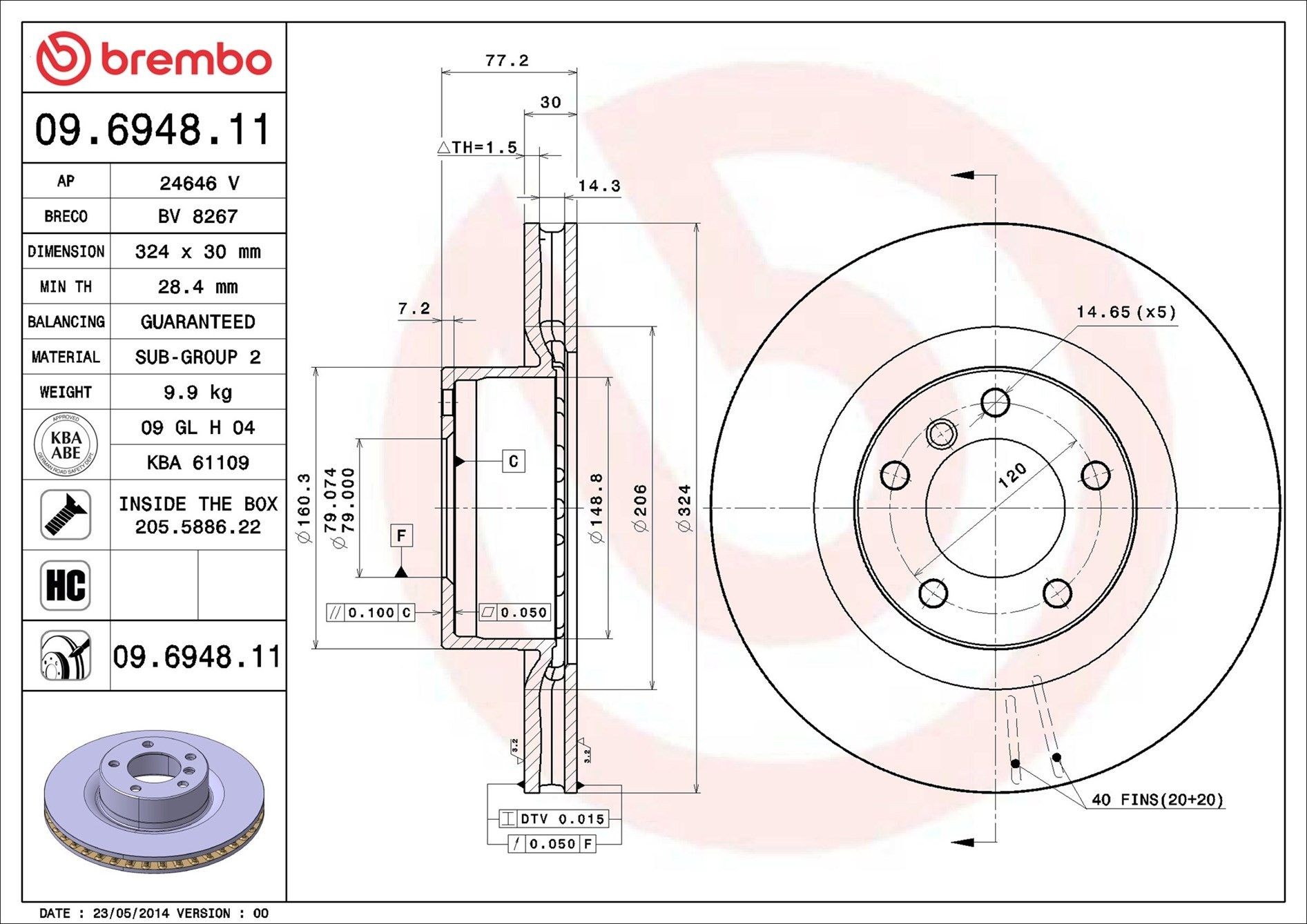 BREMBO 09.6948.11: Piduriketas Ø: 324mm, sisemine õhutus, Ø: 324mm, kaetud, koos kruvidega COATED DISC LINE