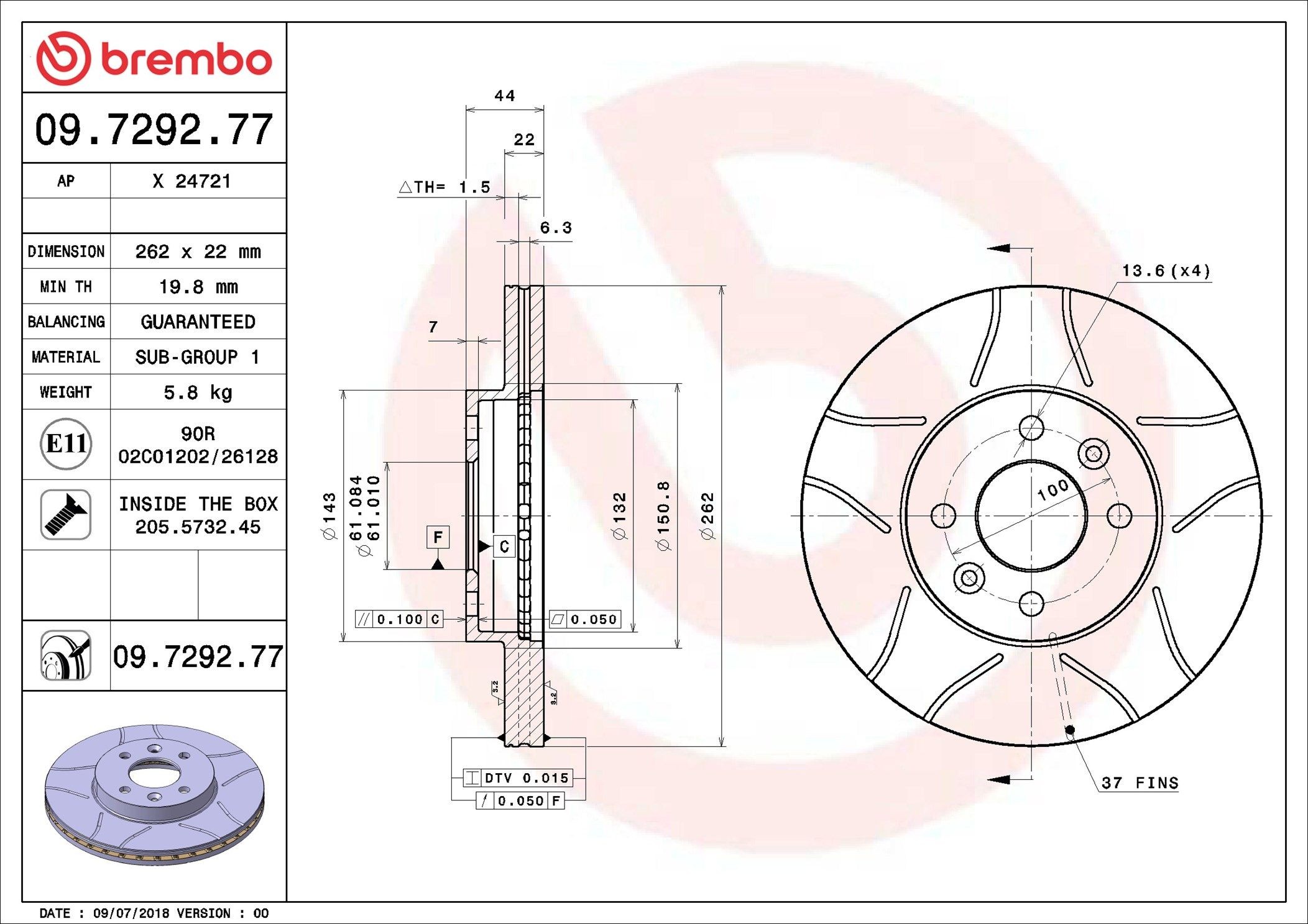 BREMBO 09.7292.77: Piduriketas Ø: 262mm, sisemine õhutus, piludega, Ø: 262mm, kaetud, koos kruvidega MAX LINE