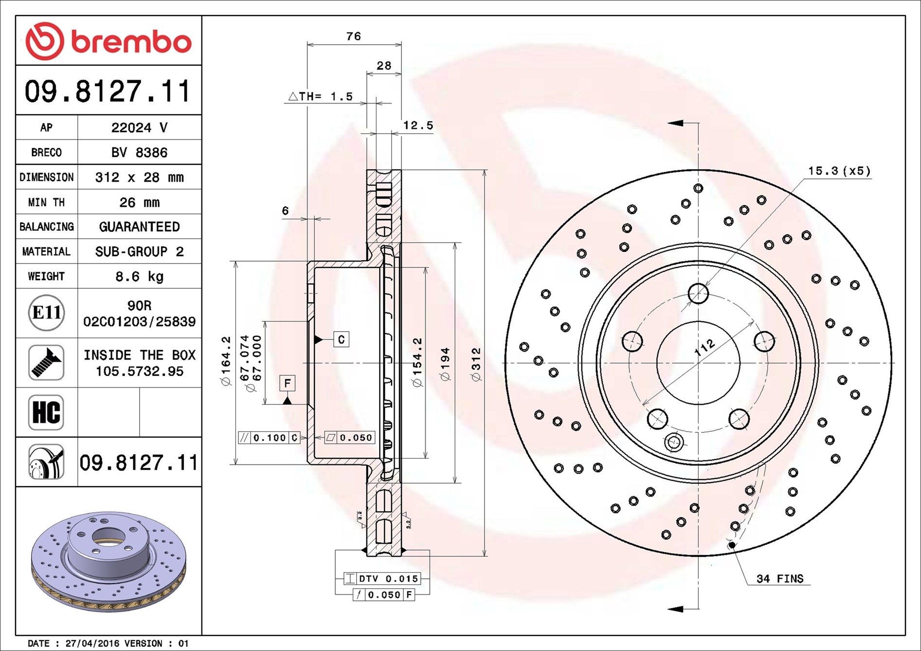 BREMBO 09.8127.11: Disc de frână Ř: 312mm, perforat/ventilat interior, Ř: 312mm, acoperit (cu un strat protector), cu suruburi COATED DISC LINE