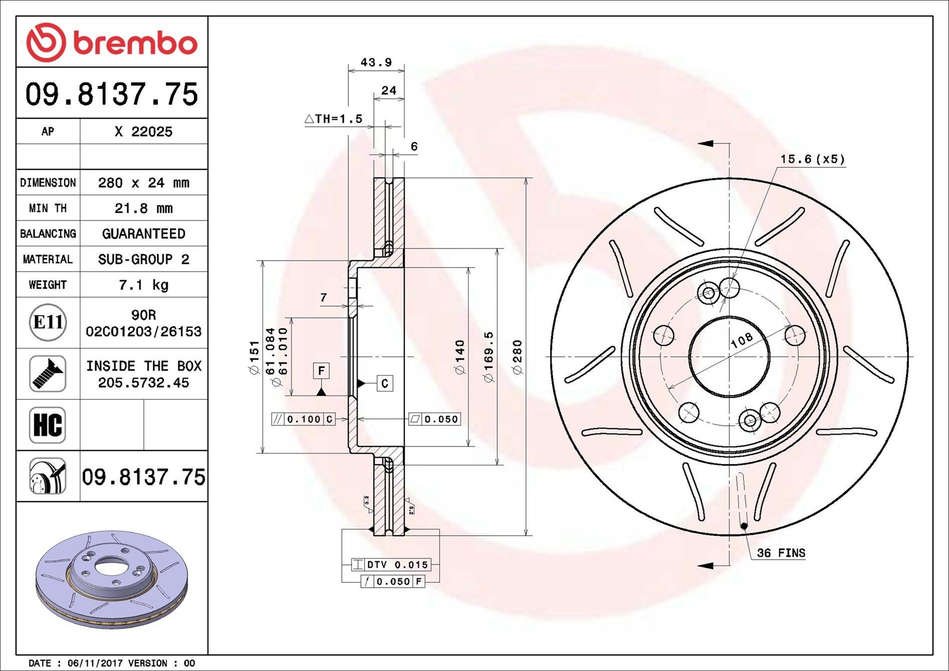 BREMBO 09.8137.75: Piduriketas Ø: 280mm, sisemine õhutus, piludega, Ø: 280mm, kaetud, koos kruvidega MAX LINE