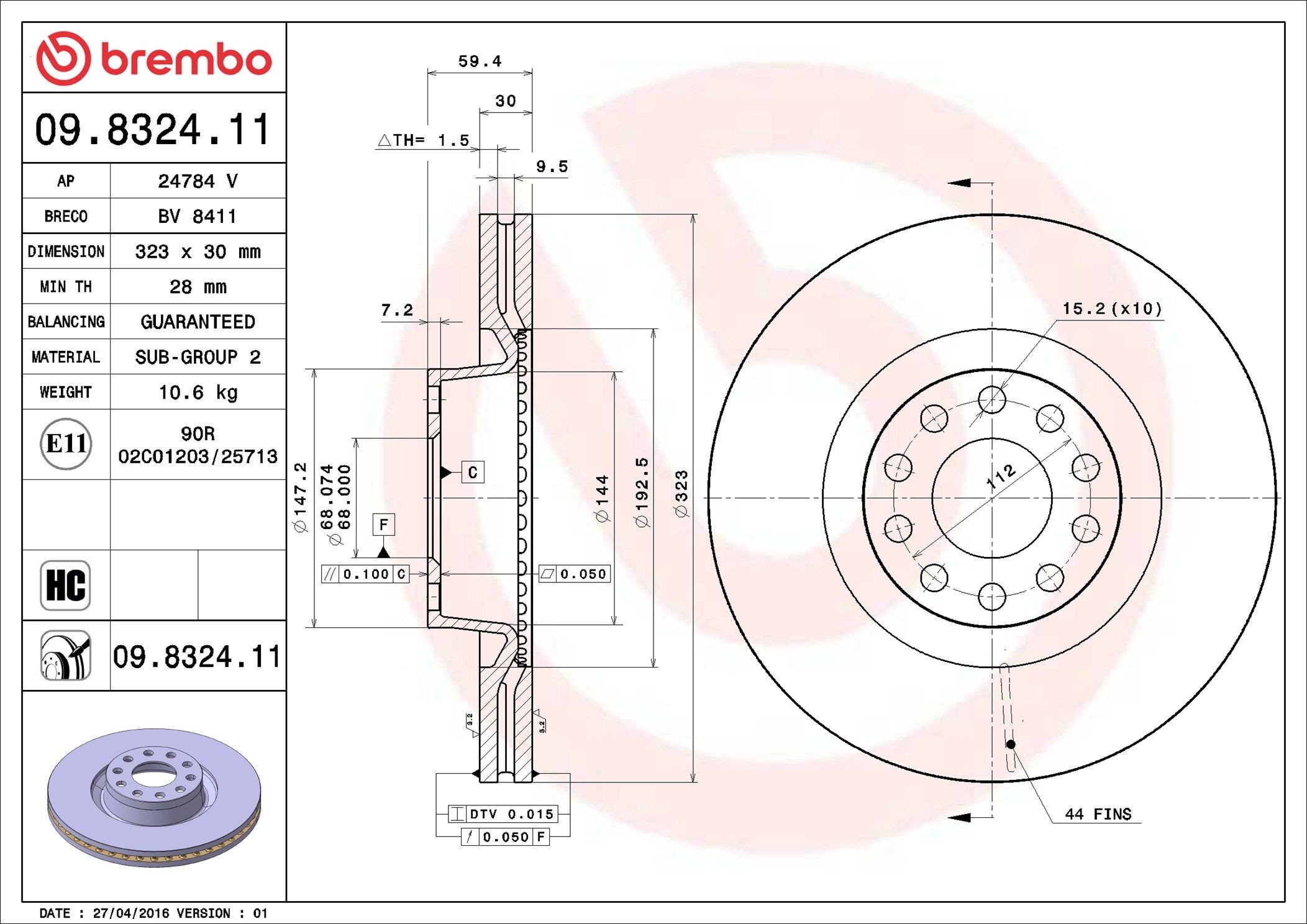 BREMBO 09.8324.11: Disc de frână Ř: 323mm, ventilat interior, Ř: 323mm, acoperit (cu un strat protector) COATED DISC LINE
