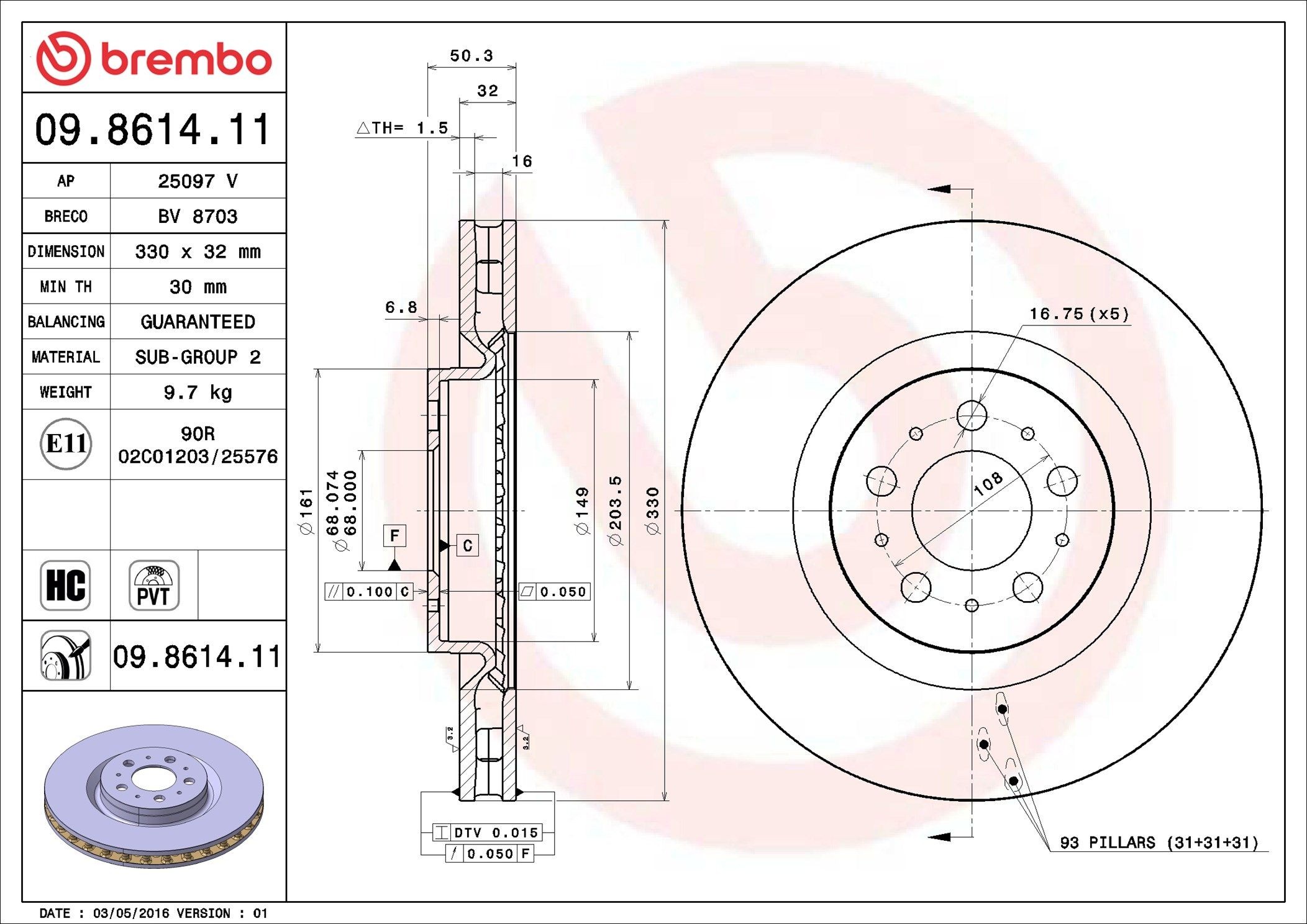 BREMBO 09.8614.11: Piduriketas Ø: 330mm, sisemine õhutus, Ø: 330mm, kaetud COATED DISC LINE