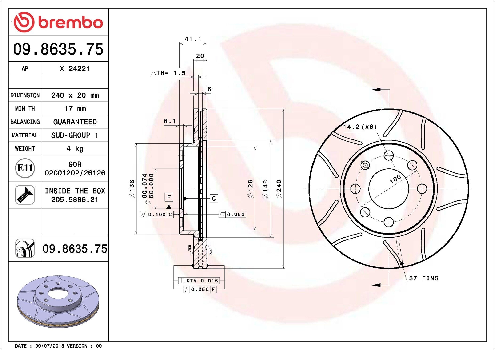 BREMBO 09.8635.75: Piduriketas Ø: 240mm, sisemine õhutus, piludega, Ø: 240mm, kaetud, koos kruvidega MAX LINE