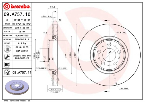 BREMBO 09.A757.11: Piduriketas Ø: 320mm, sisemine õhutus, Ø: 320mm, kaetud, koos kruvidega COATED DISC LINE