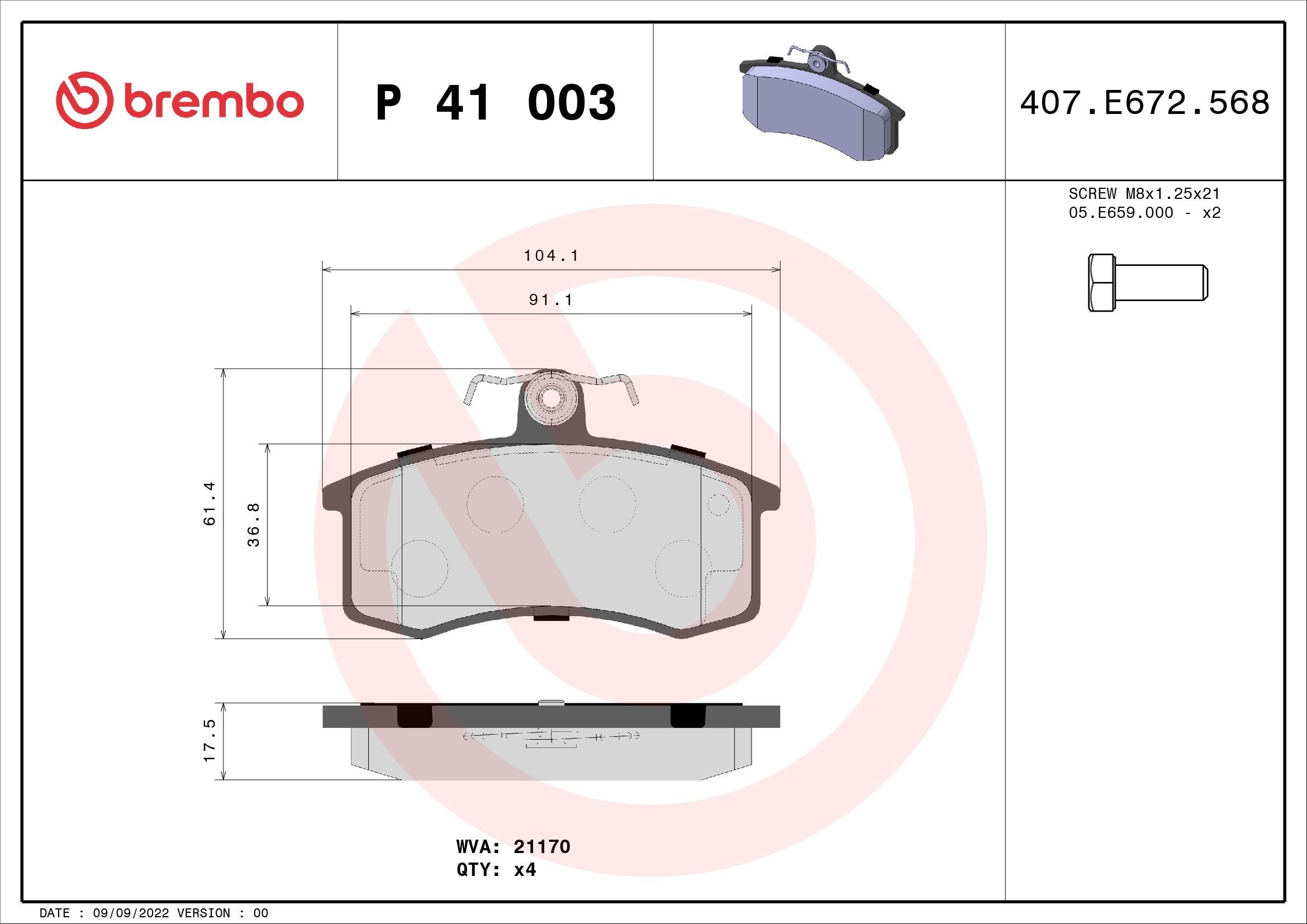 BREMBO P 41 003: Piduriklotsid PRIME LINE koos lisadega, koos pidurisadula kruvidega, koos kokkusurumisvastase plekiga