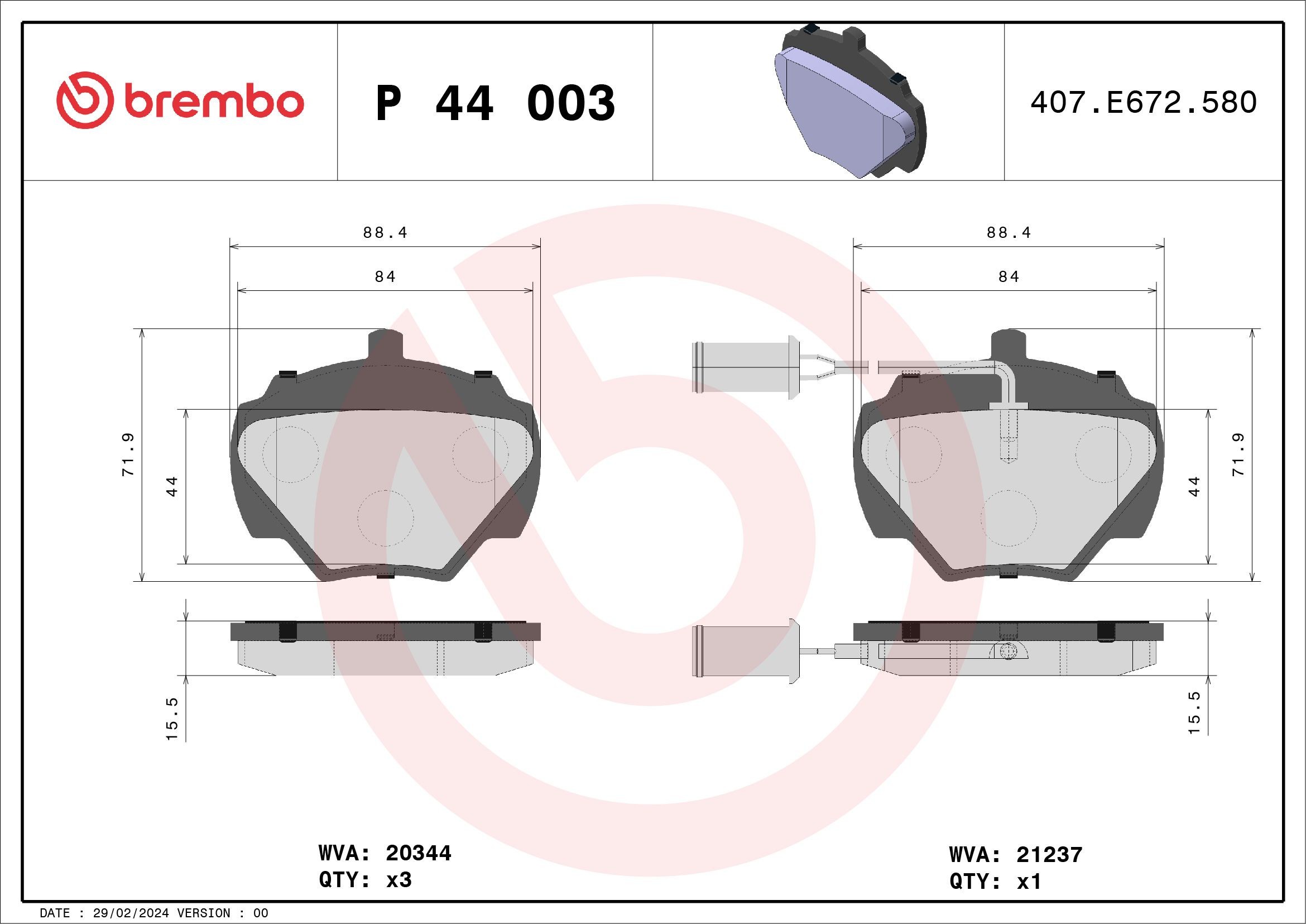 BREMBO P 44 003: Plăcuțe de frână PRIME LINE fara accesorii, cu tabla anti scartait