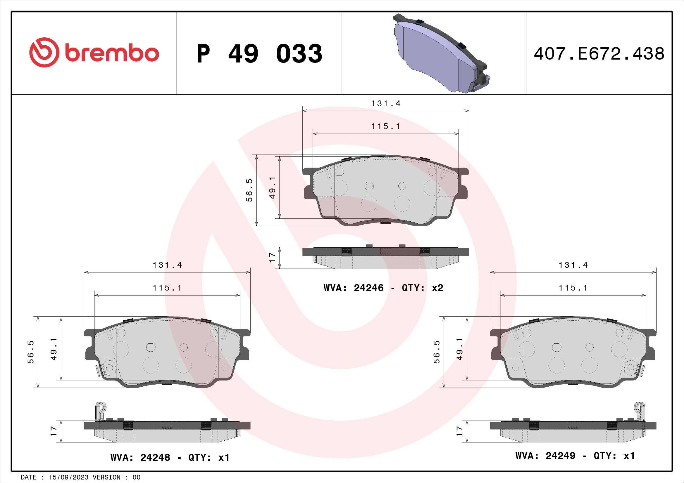 BREMBO P 49 033: Plaquettes de frein PRIME LINE sans accessoires, avec tôle anti-bruit