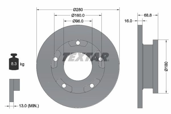 TEXTAR 92159103: Bremžu diski PRO Ø: 280mm, pilnīgi, Ø: 280mm, pārklāts, bez riteņa rumbas, bez riteņa rumbas gultņa, bez riteņu stiprināšanas skrūvēm, ar ABS devēja gredzenu
