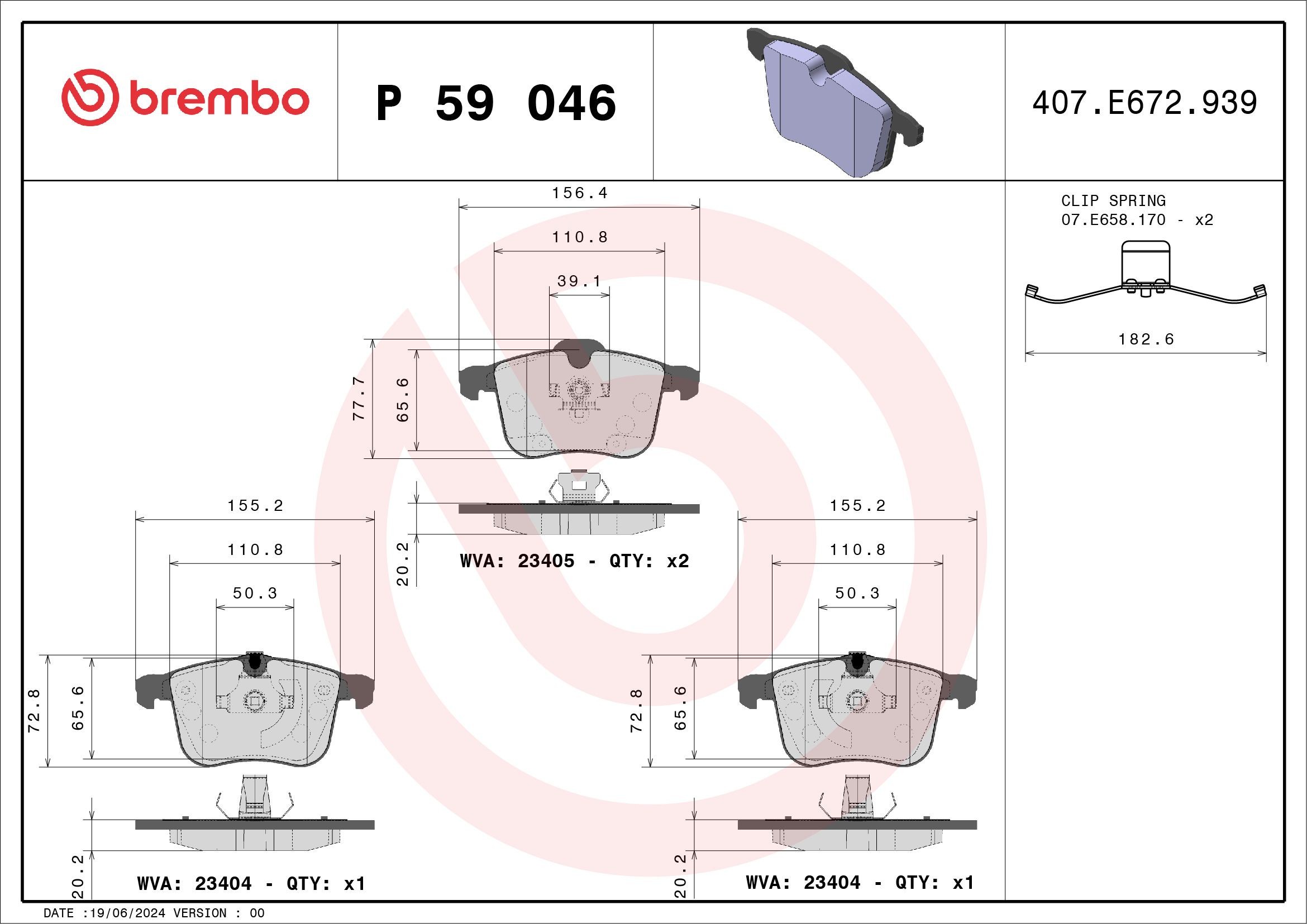 BREMBO P 59 046: Plăcuțe de frână cu acceasorii, cu clema piston, cu tabla anti scartait, PRIME LINE - Ring