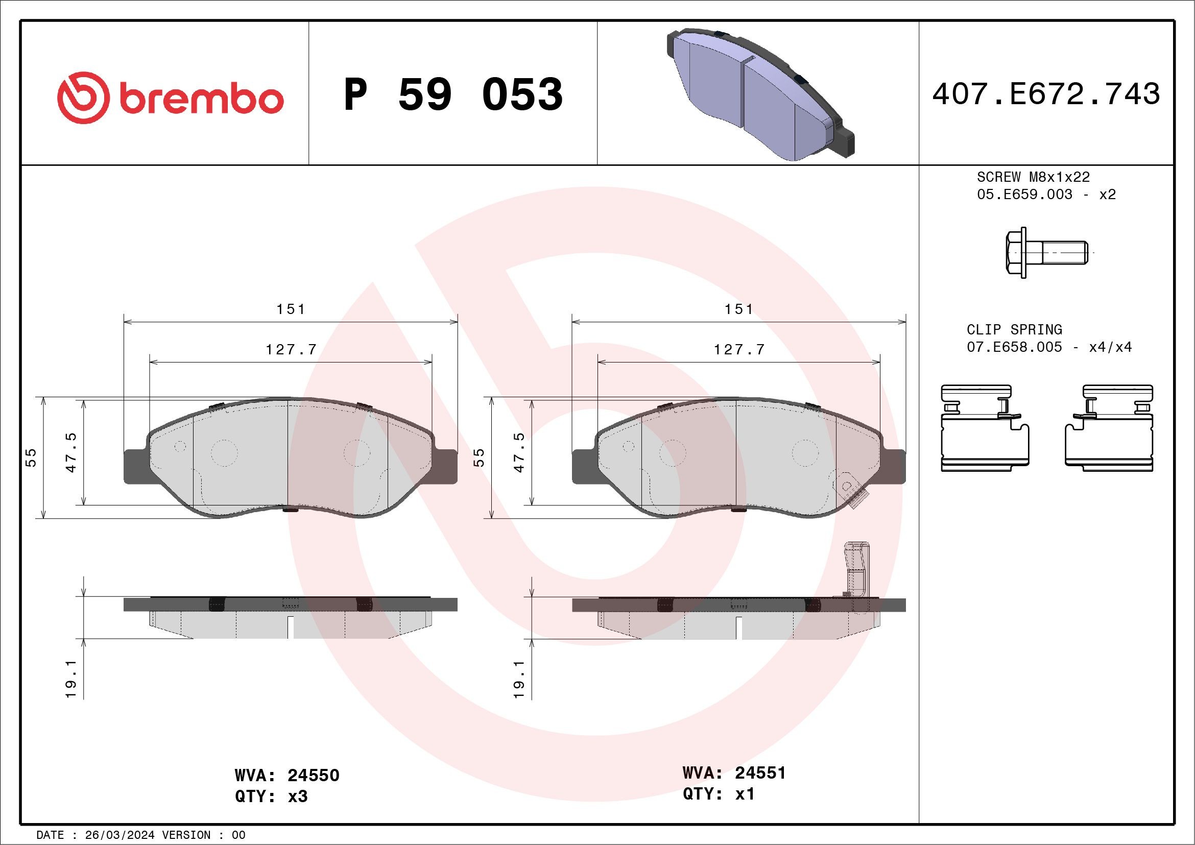 BREMBO P 59 053: Plăcuțe de frână PRIME LINE cu acceasorii, cu suruburi etrier, cu tabla anti scartait