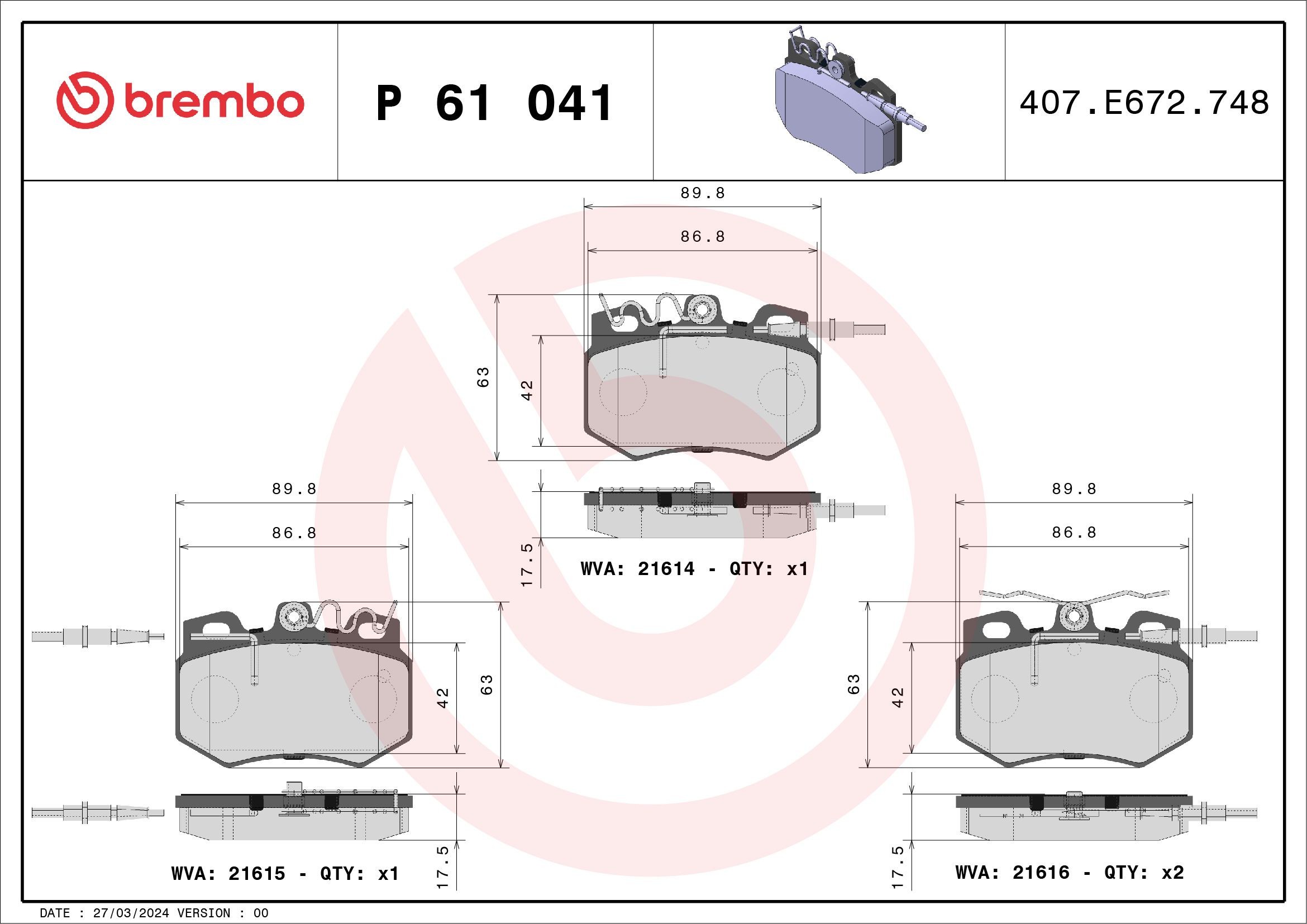 BREMBO P 61 041: Plăcuțe de frână PRIME LINE fara accesorii, cu tabla anti scartait
