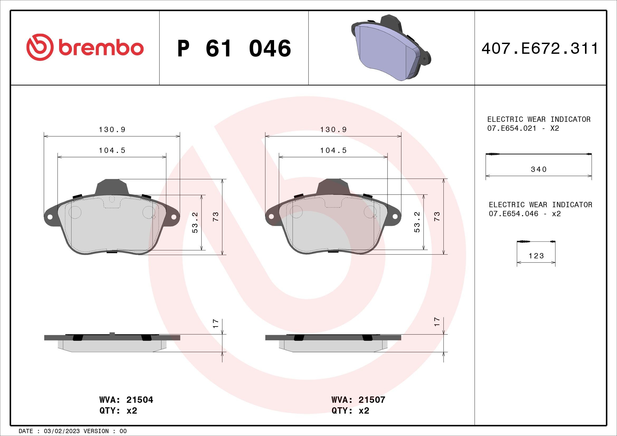 BREMBO P 61 046: Bremžu kluči PRIME LINE bez piederumiem, ar piespiedējplāksni