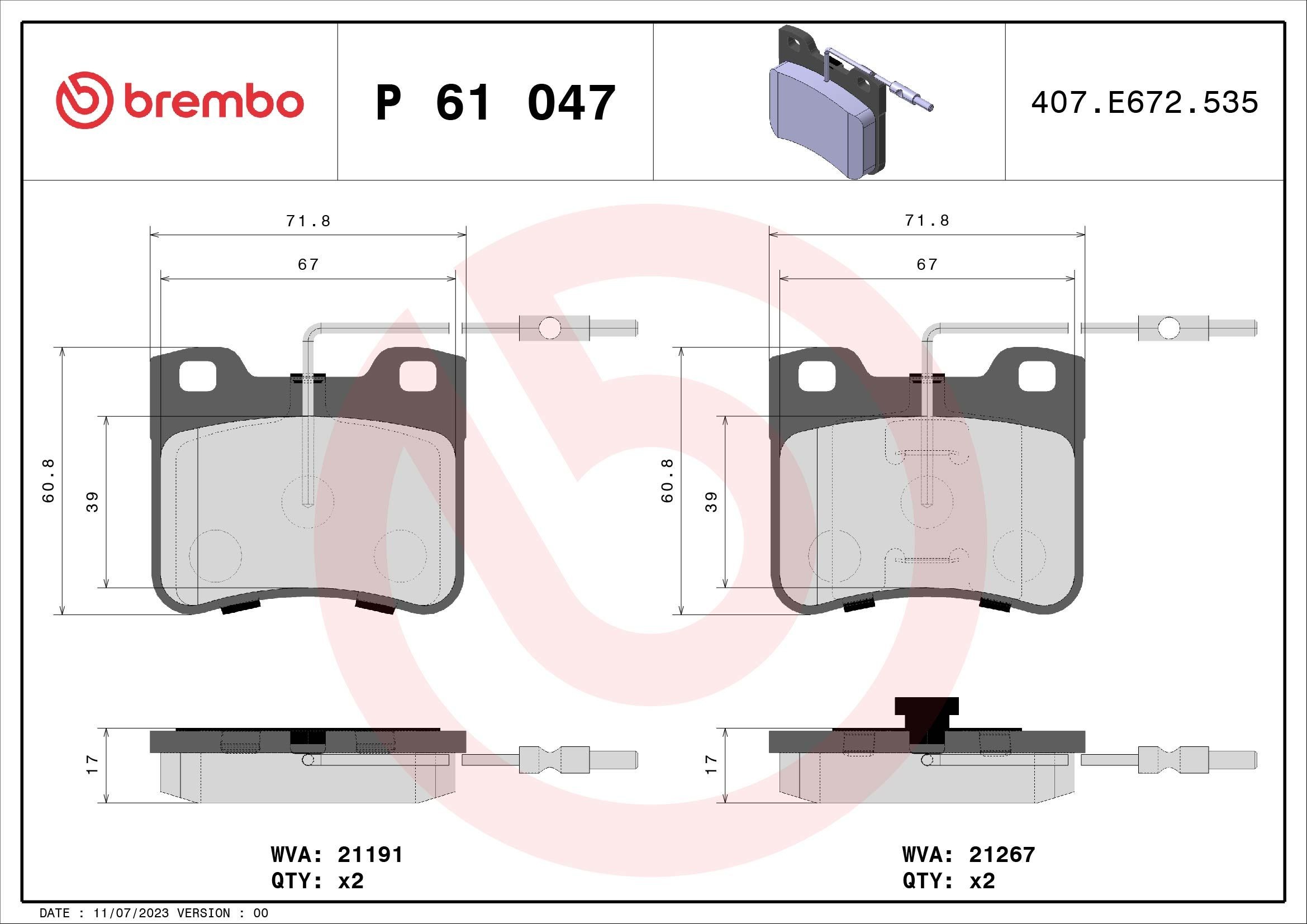 BREMBO P 61 047: Plăcuțe de frână PRIME LINE fara accesorii, cu tabla anti scartait