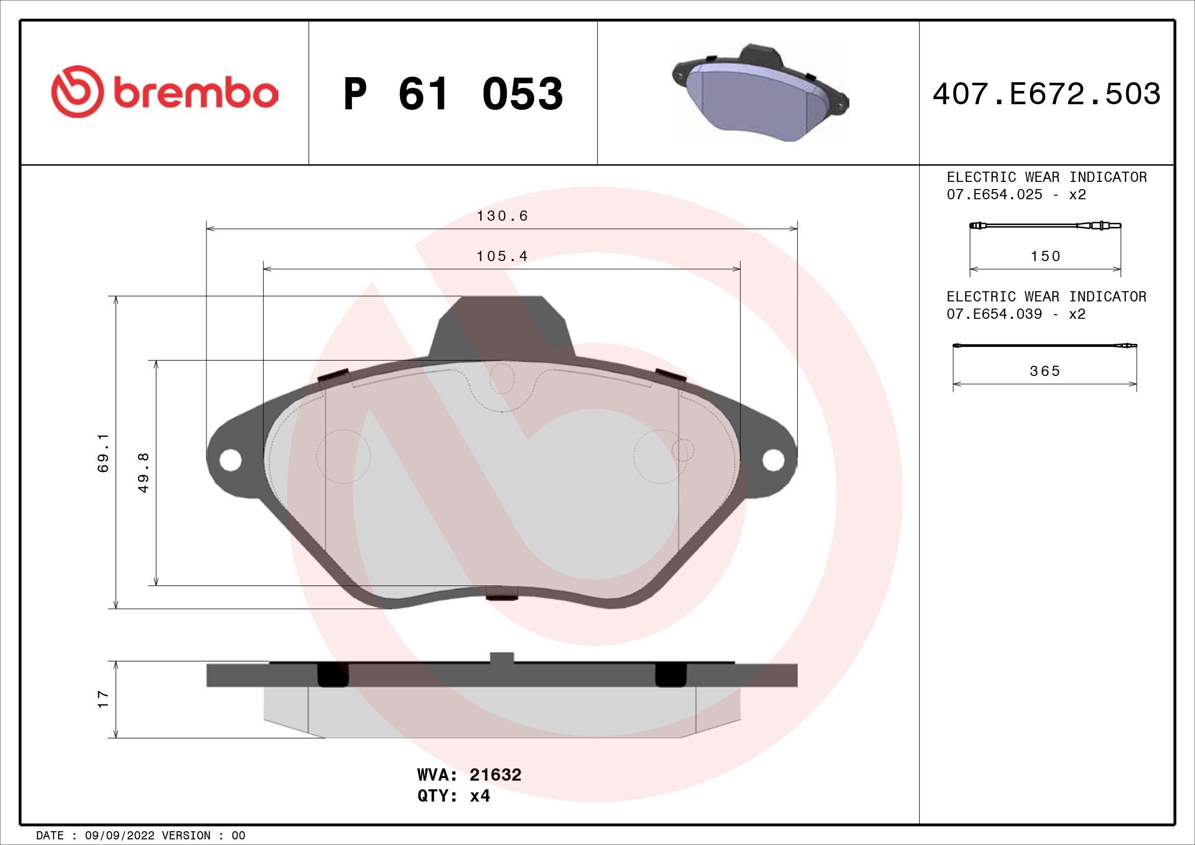 BREMBO P 61 053: Bremžu kluči PRIME LINE bez piederumiem, ar piespiedējplāksni