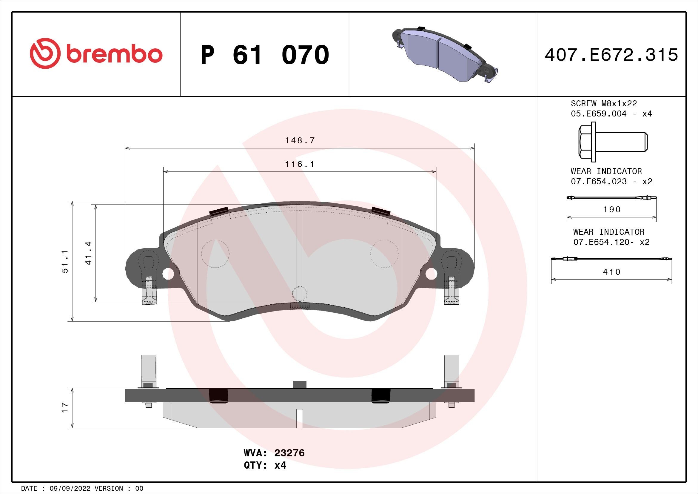 BREMBO P 61 070: Piduriklotsid PRIME LINE koos lisadega, koos pidurisadula kruvidega, koos kokkusurumisvastase plekiga