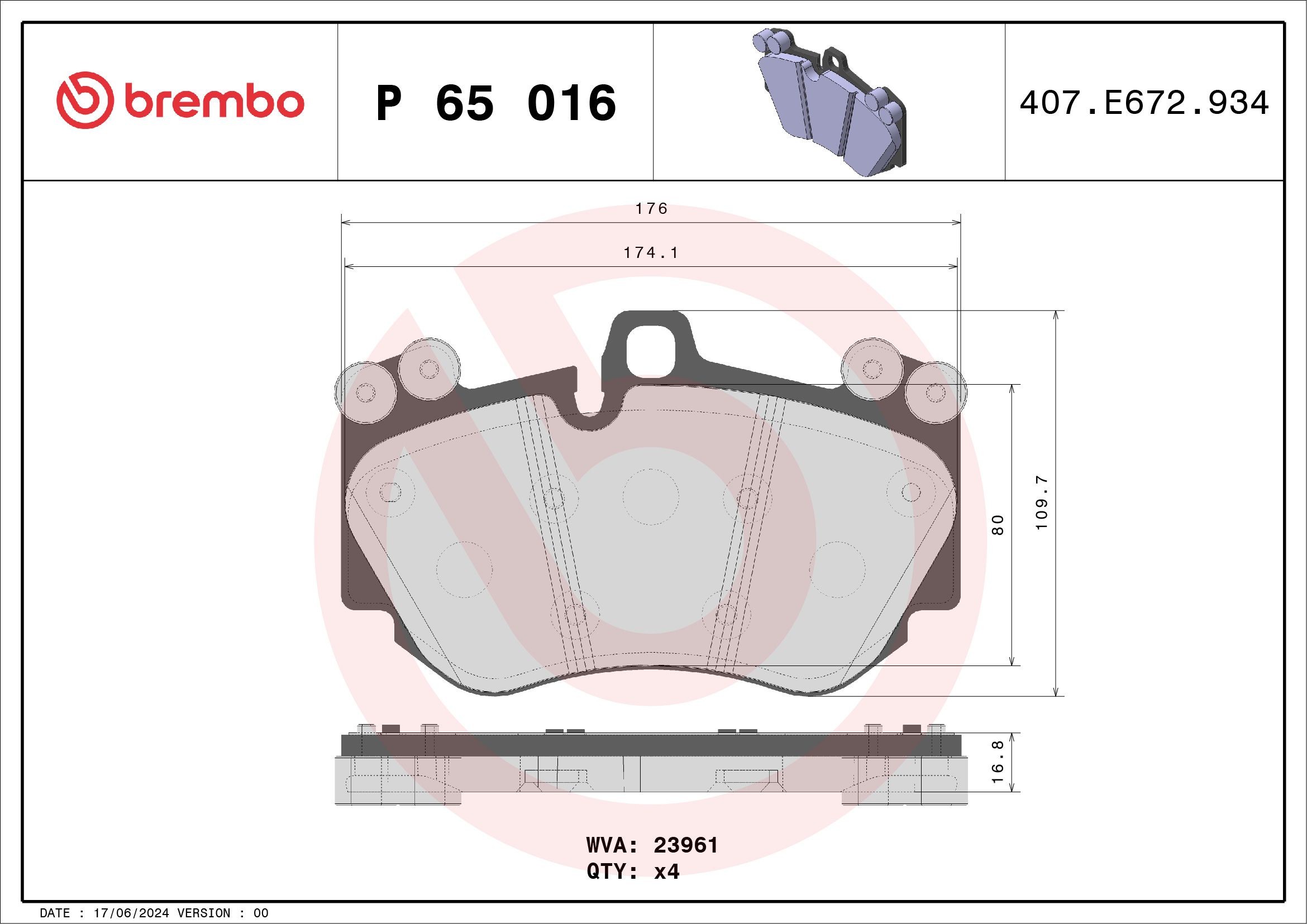 BREMBO P 65 016: Piduriklotsid PRIME LINE ilma lisavarustuseta, vastukaaluga, koos kokkusurumisvastase plekiga
