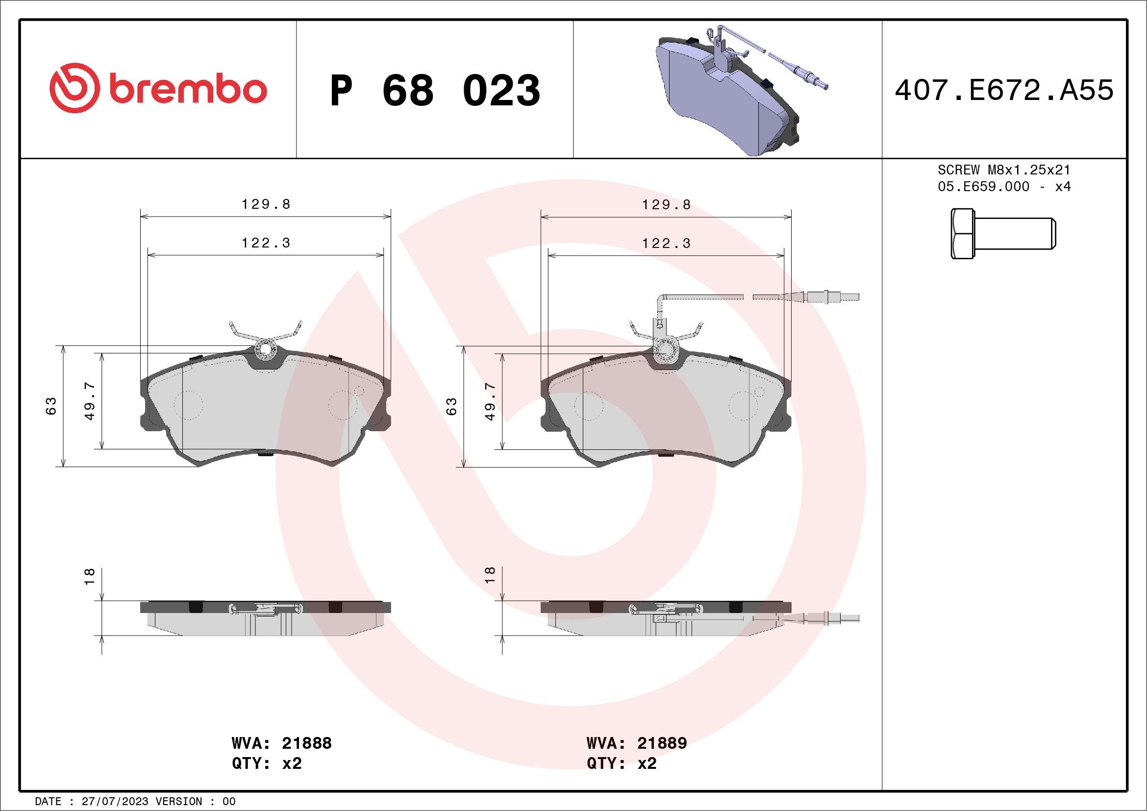 BREMBO P 68 023: Plăcuțe de frână PRIME LINE cu acceasorii, cu suruburi etrier, cu tabla anti scartait