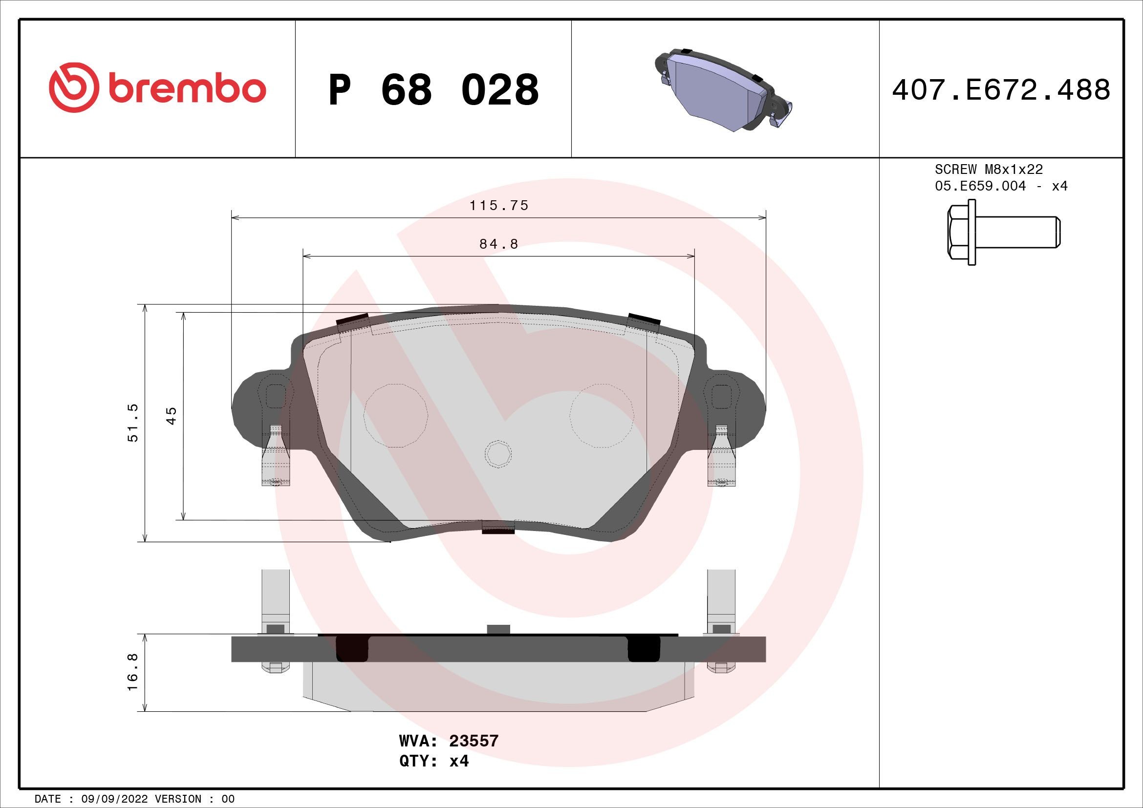 BREMBO P 68 028: Piduriklotsid PRIME LINE koos lisadega, koos pidurisadula kruvidega, koos kokkusurumisvastase plekiga