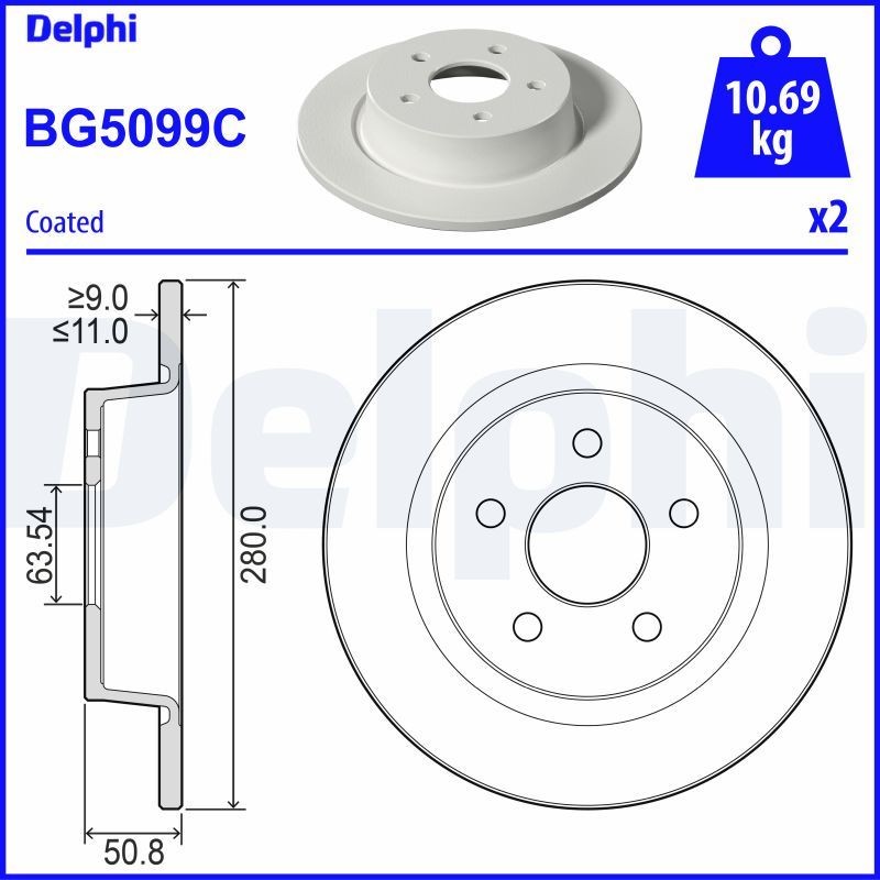 DELPHI BG5099C: Piduriketas Ø: 280mm, täis, Ø: 280mm, kaetud