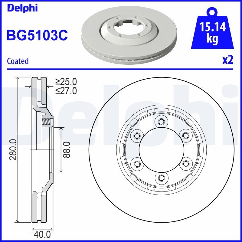 DELPHI BG5103C: Piduriketas Ø: 280mm, õhutusega, Ø: 280mm, kaetud