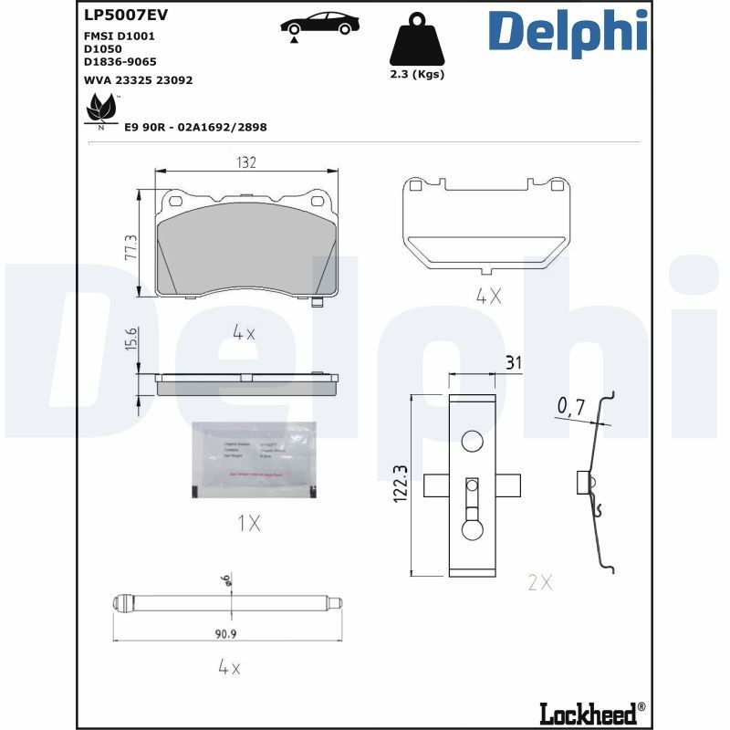DELPHI LP5007EV: Piduriklotsid koos lisadega, koos kokkusurumisvastase plekiga