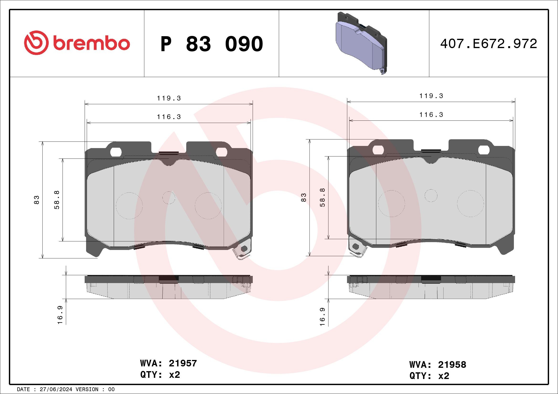 BREMBO P 83 090: Plăcuțe de frână PRIME LINE fara accesorii, cu tabla anti scartait